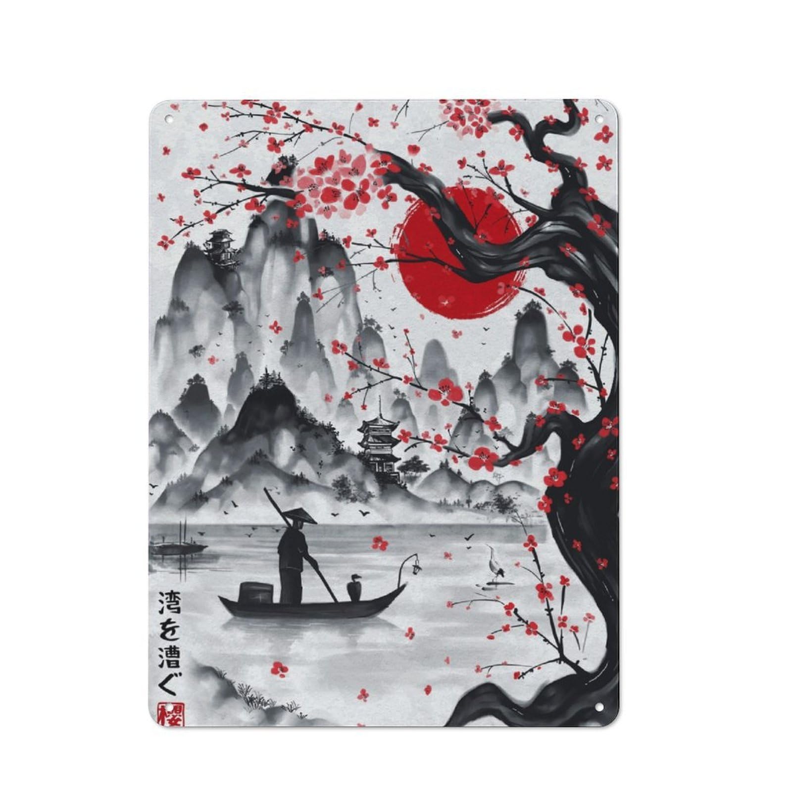 Junmoney Japanese Bay Ink Wash Retro Metal Plaque 40X30cm For Bar Or Restaurant, Suited To Restaurant Interior Fans