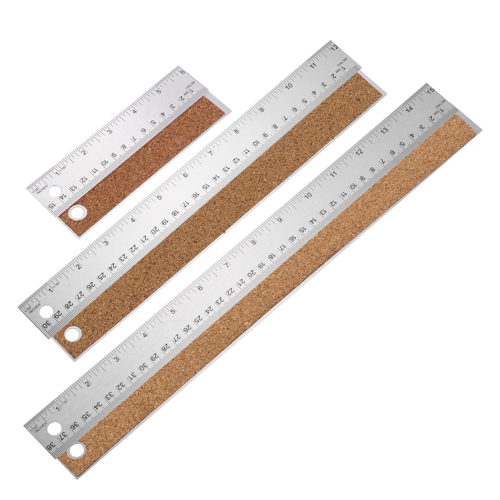 sourcing map 3pcs Stainless Steel Rulers with Cork Backing 6"/12"/15" Inch and Metric Precision Metal Ruler Straight Edge Measuring Tool for Office Engineering Tools