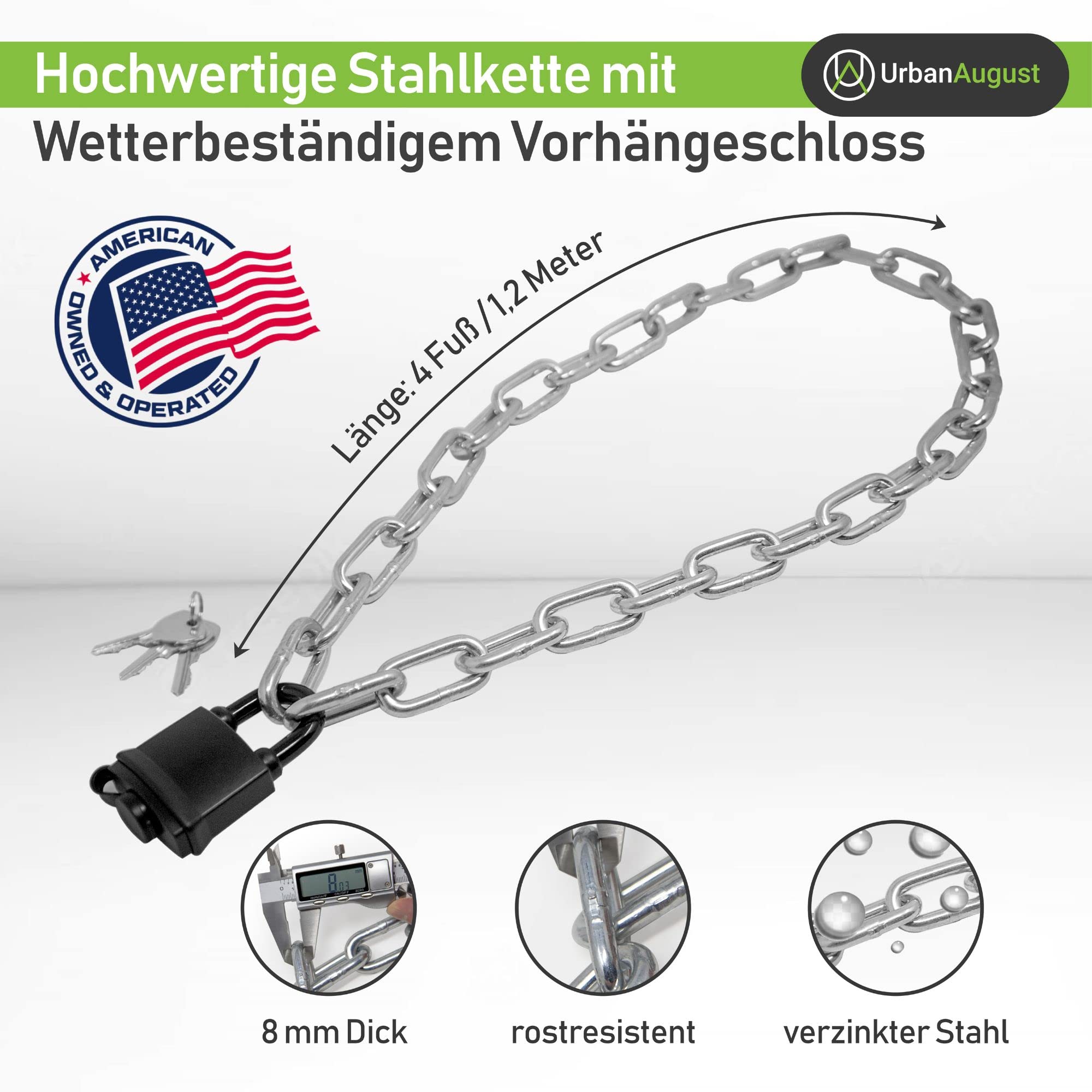 Urban August Sicherheitskette mit Vorhängeschloss – Kettenschloss aus 8mm Edelstahl - Witterungsbeständig & Extrem Robust - Ideal für Tore, Fahrräder, Zäune, Mülltonnen - Rostfreier Stahl (Chrom)