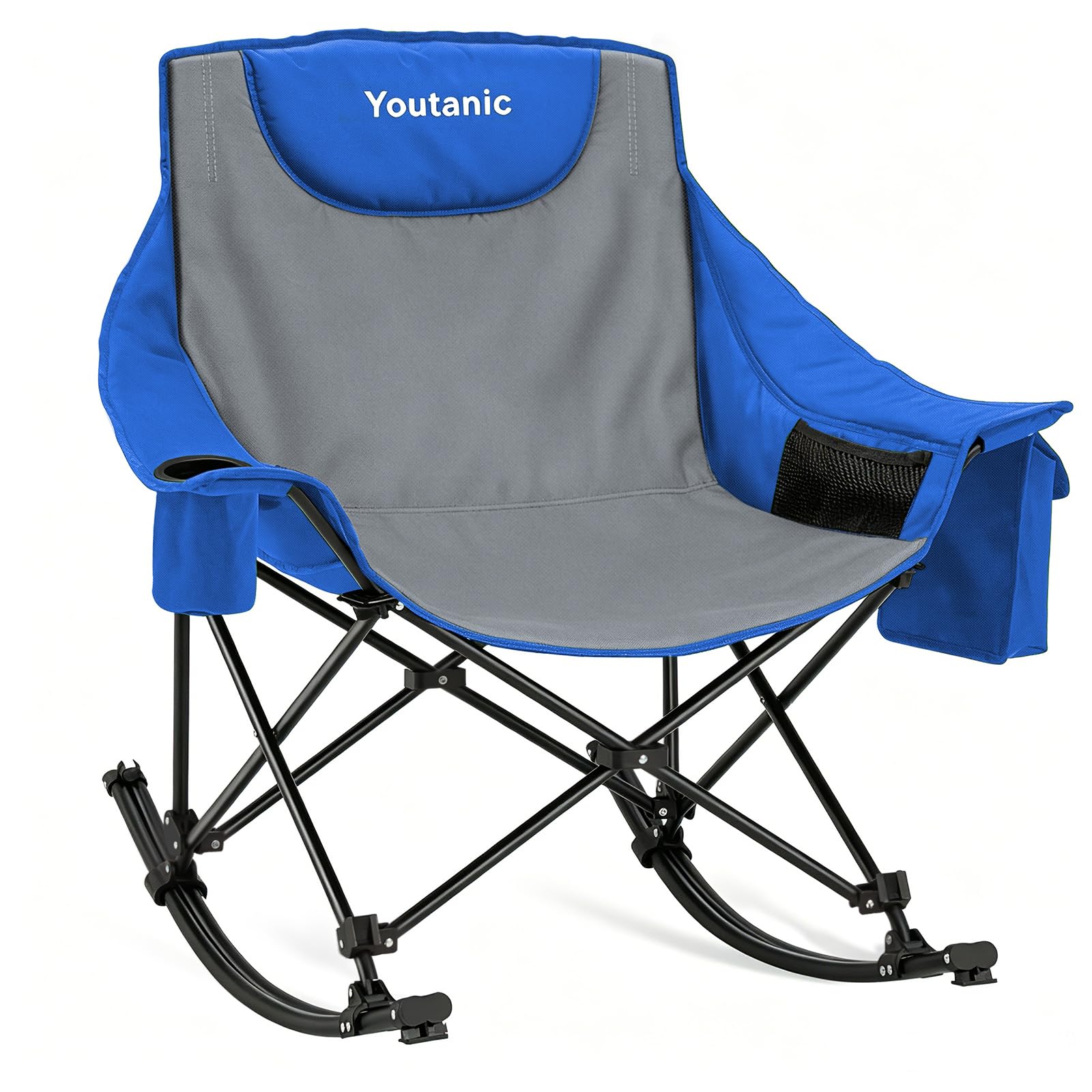 Youtanic Oversized Folding Rocking Camping Chair, Padded Portable Rocking Chair with Pockets, Cup Holder and Carry Bag, Heavy Duty Outdoor Rocker Patio Chair for Garden, Lawn, Yard, Up to 350lbs