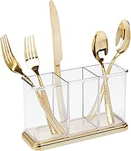 mDesign Plastic Cutlery Utensil Holder Storage Organizer Caddy for Kitchen Countertop Organization - Holds Fork, Knife, Spoon, Silverware - 3 Divided Sections - Hyde Collection - Clear/Soft Brass
