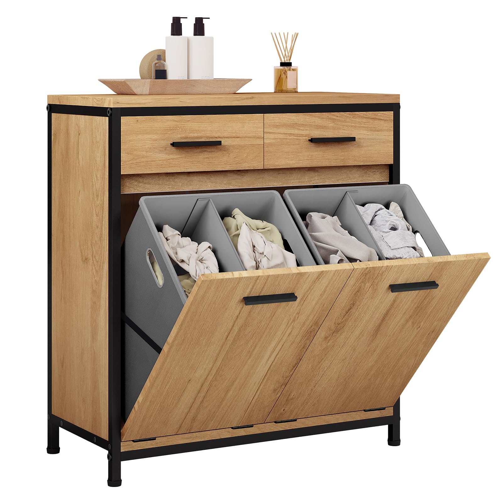 EUGAD Meuble de Salle de Bain, Placard de Rangement, avec Sac Intérieur Amovible avec Poignées, 40 x 78,9 x 80,2 cm, 2 Tiroirs et 2 Paniers à Linge, Meuble de Rangement, Chêne Clair + Noir, 0233WY