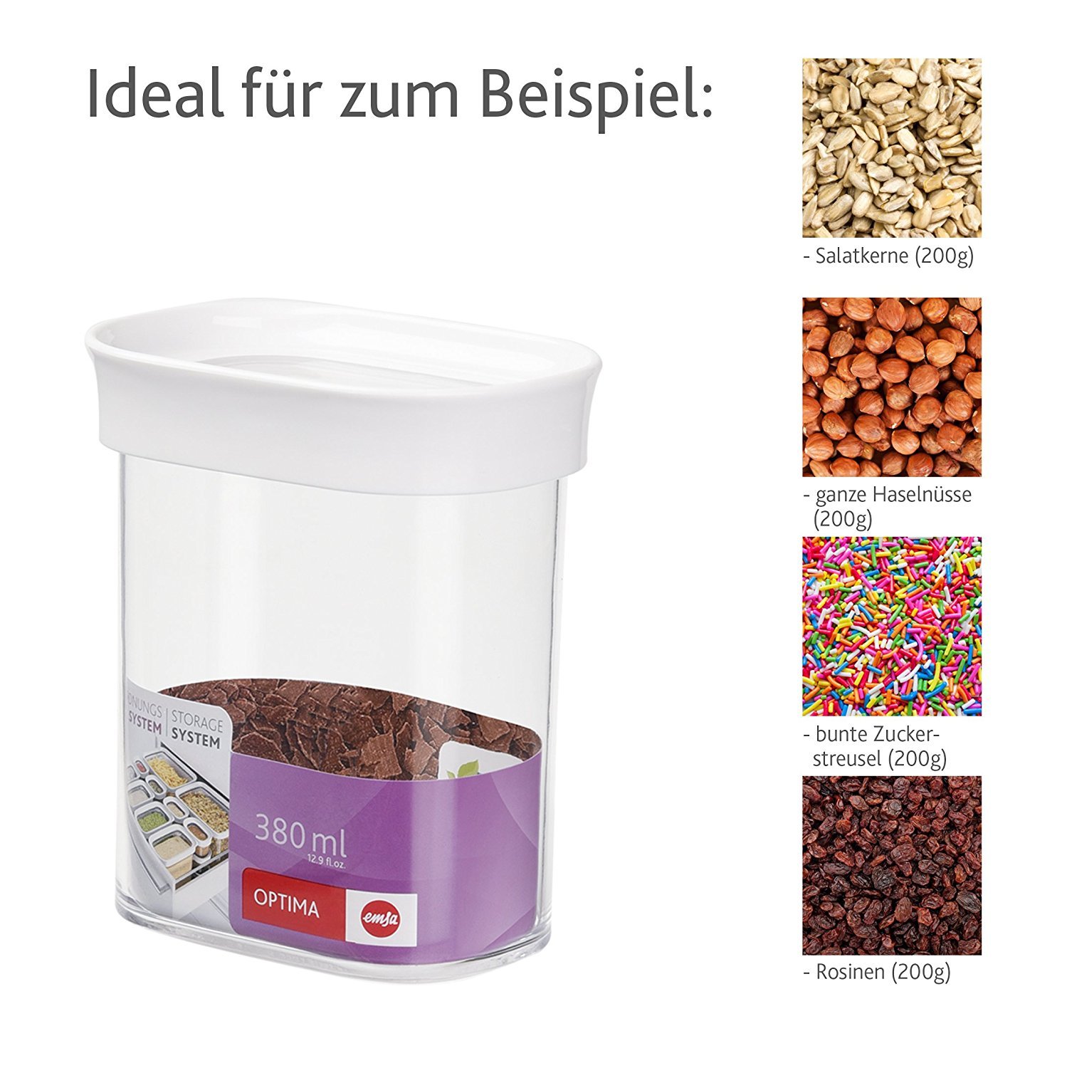 Emsa 4er Set Stapelbare Vorratsdose für Trockenvorräte, Volumen 0.38 Liter, Rechteckig, Weiß/Transparent, Optima 513555 x 4