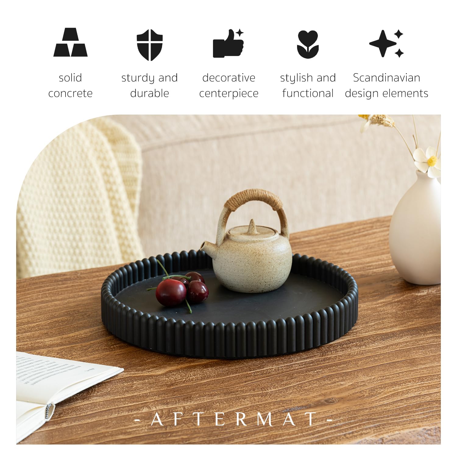 Coffee Table Tray, Home Decor Round Tray, Concrete Black Coffee Table Decor Trays, Serving Decorative Trays for Dining Table