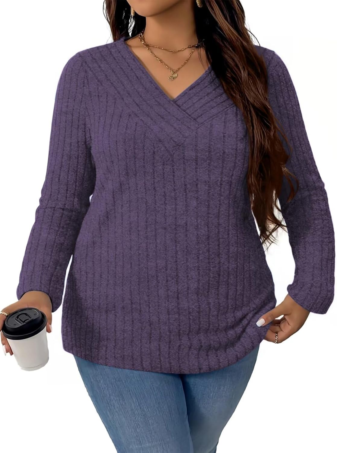 VISLILY Plus-Size-Sweaters for Women Trendy Long Sleeve V Neck Shirts Loose Lightweight Tops Casual Knit Pullover Tunics - Image 2
