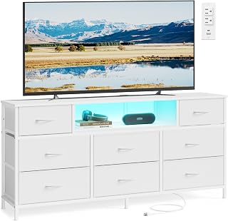 SONGMICS Dresser for Bedroom with Outlets & LED Lights, 8 Fabric Drawers
