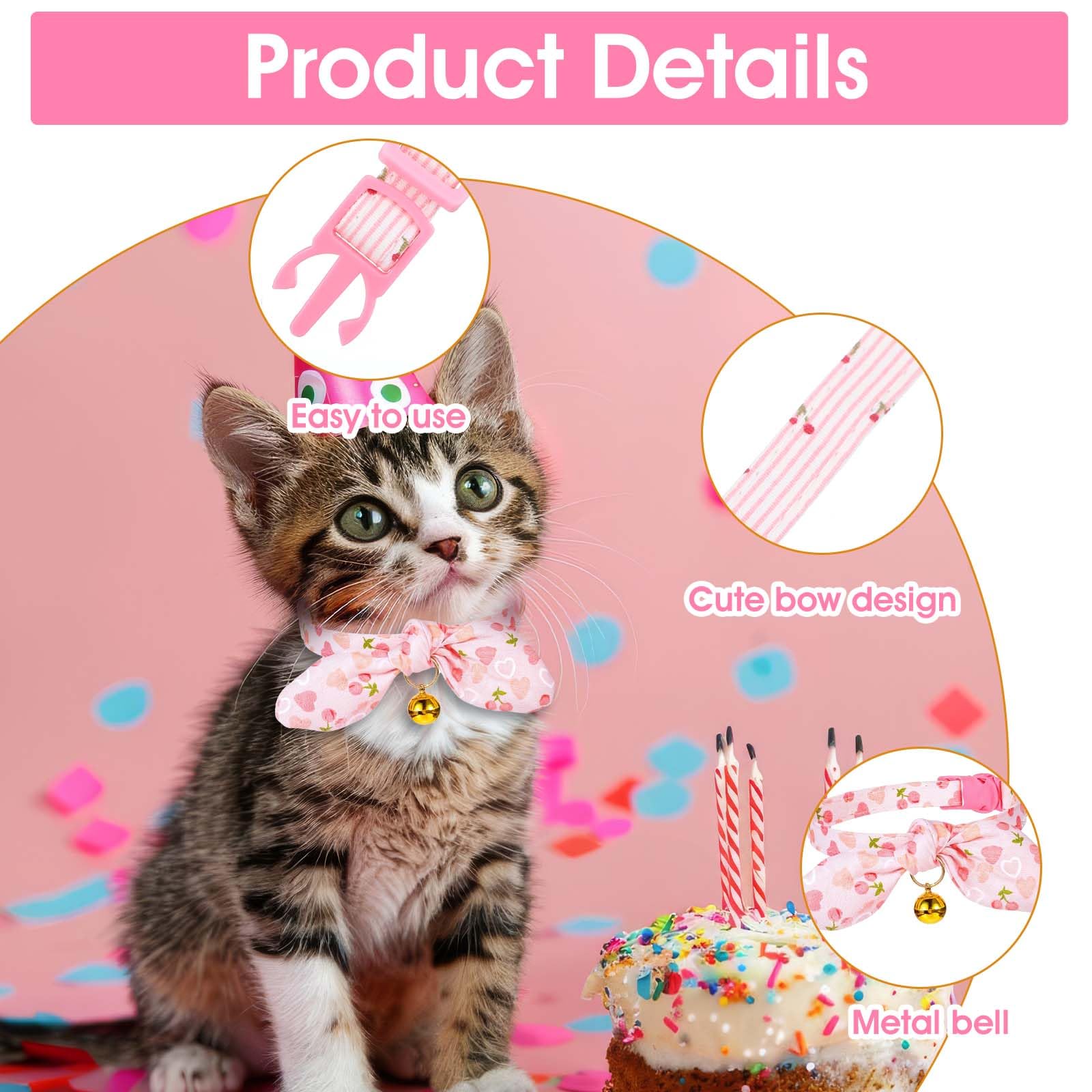 2 Pack Kitten Collar Cotton Breakaway Cat Collars Bell Pink Cat Collar with Bells Pendant - Image 3