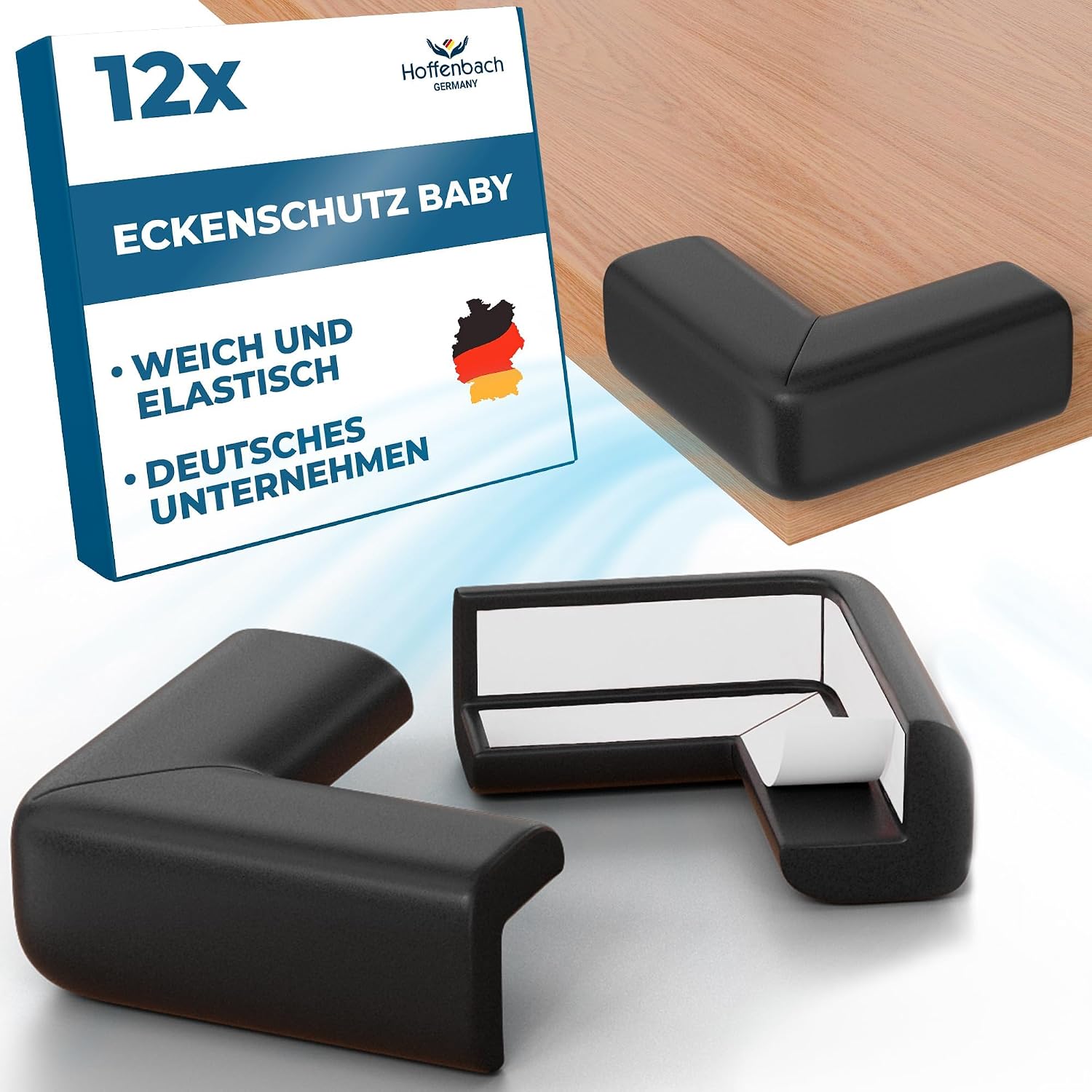 Hoffenbach 12x Eckenschutz Kantenschutz Baby – Selbstklebender Tischkantenschutz – Stoßschutz für Babys &amp; Kinder – Weicher Schaumstoff Eckschutz für Tisch, Möbel &amp; Ecken – Corner Protector – Schwarz