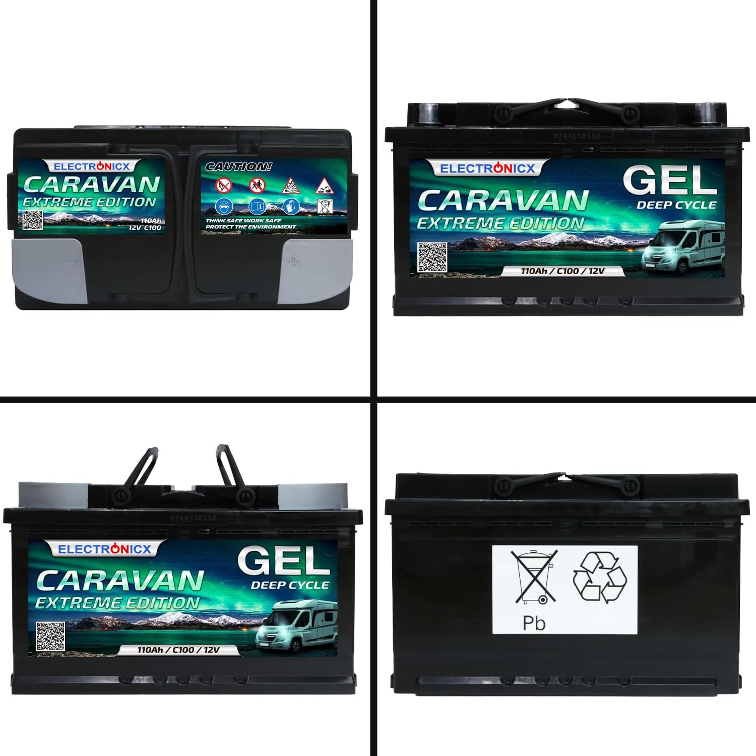 Electronicx Batteria di alimentazione GEL Caravan Extreme 12V 110Ah – 315x175x190 mm – Barca, van, camper, roulotte, batteria da campeggio – polo positivo a destra – senza manutenzione