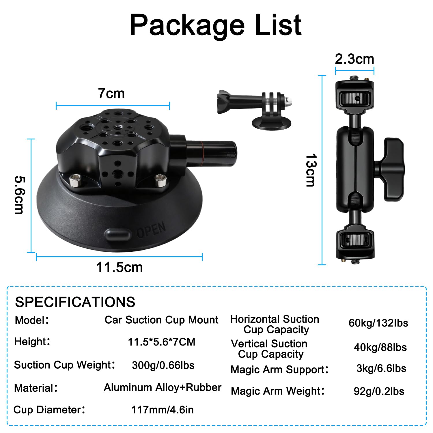 5'' DSLR Cámaras Coche Ventosa Soporte Compatible con Insta360 X5-X,Osmo 360/ Osmo Nano,60KG/132lbs Metal Bomba de Vacío Succión Soporte con Rótula Mágica & ARRI 1/4" 3/8" Agujeros para Acción Cámara