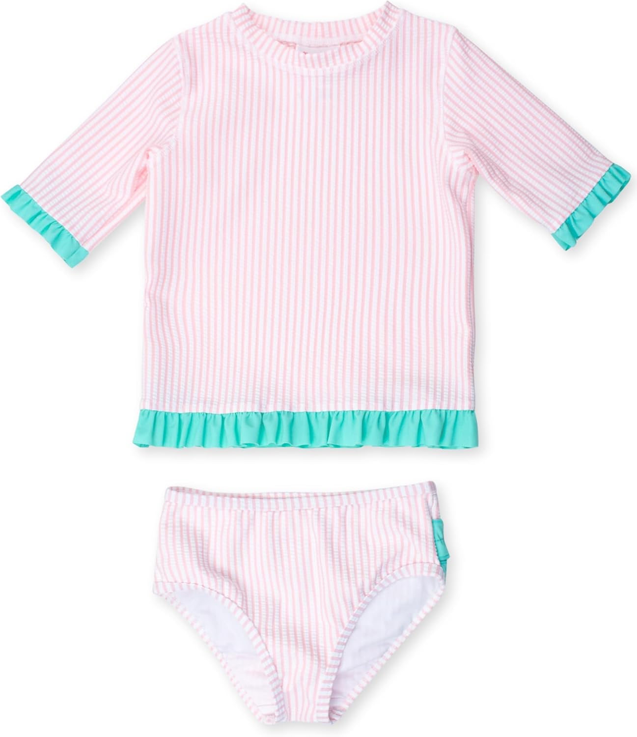 RuffleButts Baby/Toddler Girls UPF50+ Sun Protection Seersucker Short Sleeve Ruffle Rash Guard Bikini