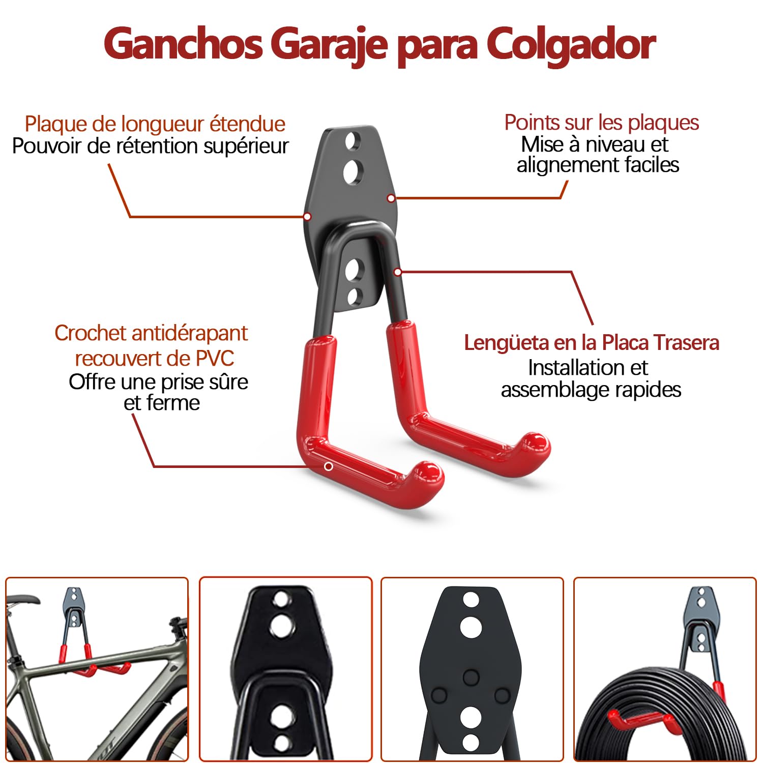 3-H Ganchos de Garaje Resistentes, Paquete de 8 Ganchos de Almacenamiento de Garaje de Acero, Soporte de Pared y Organizador de Herramientas, Cuerdas, Cables(Rojo) — view 3