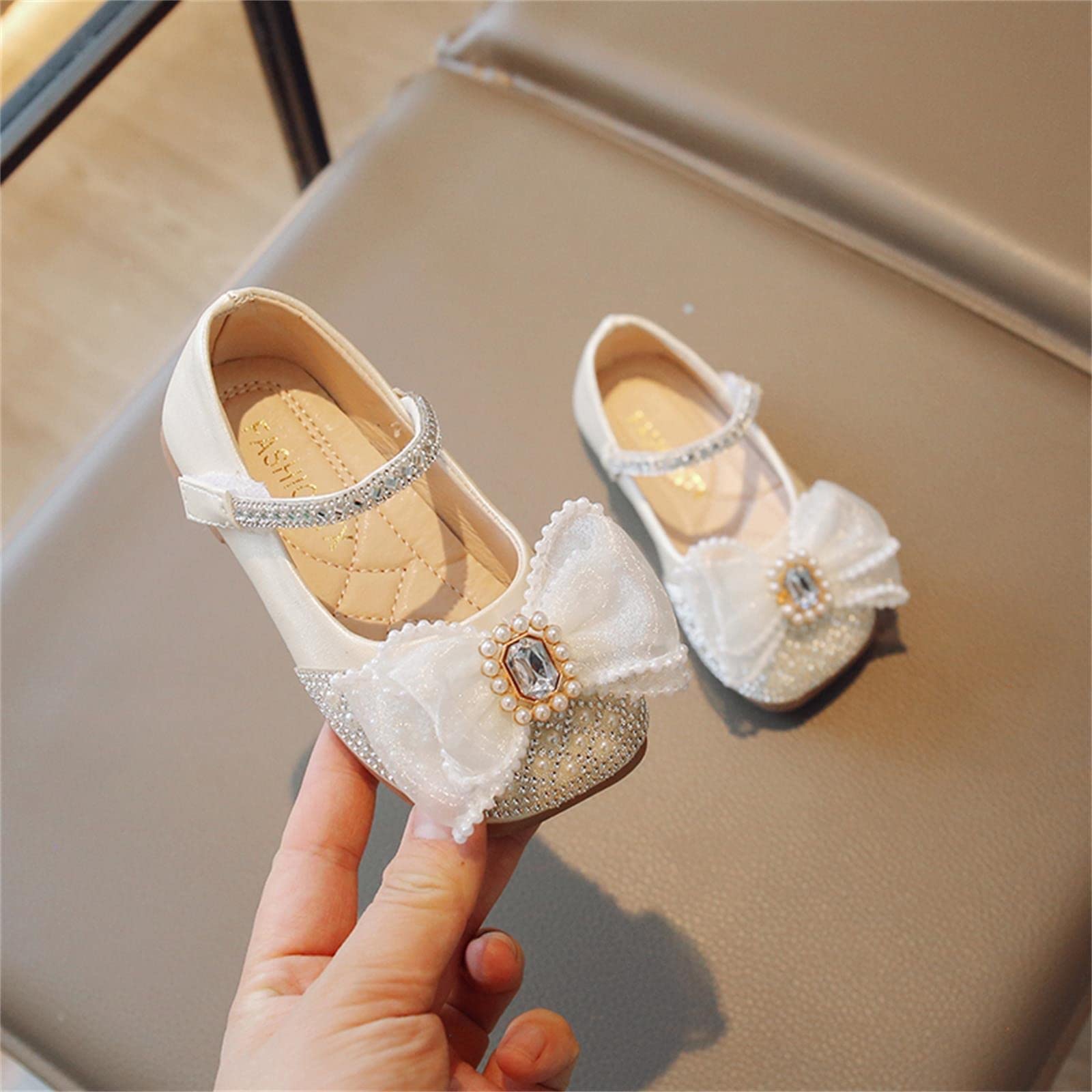 Little Girl's Adorable Princess Party Girls Dress Bow Princess Shoes Princess Flower Wedding Kids Wrestling Shoes and (Beige, 7 Toddler)