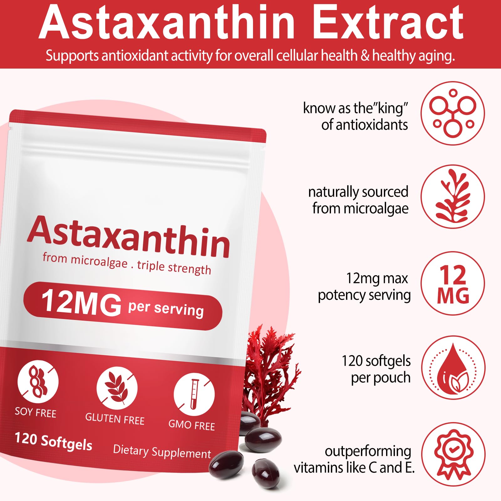 Integratori di Astaxanthin, Premium Astaxanthin supporta occhi, articolazioni, circolazione interna e salute della pelle - Formula naturale anti-invecchiamento, non-GMO non-glutine