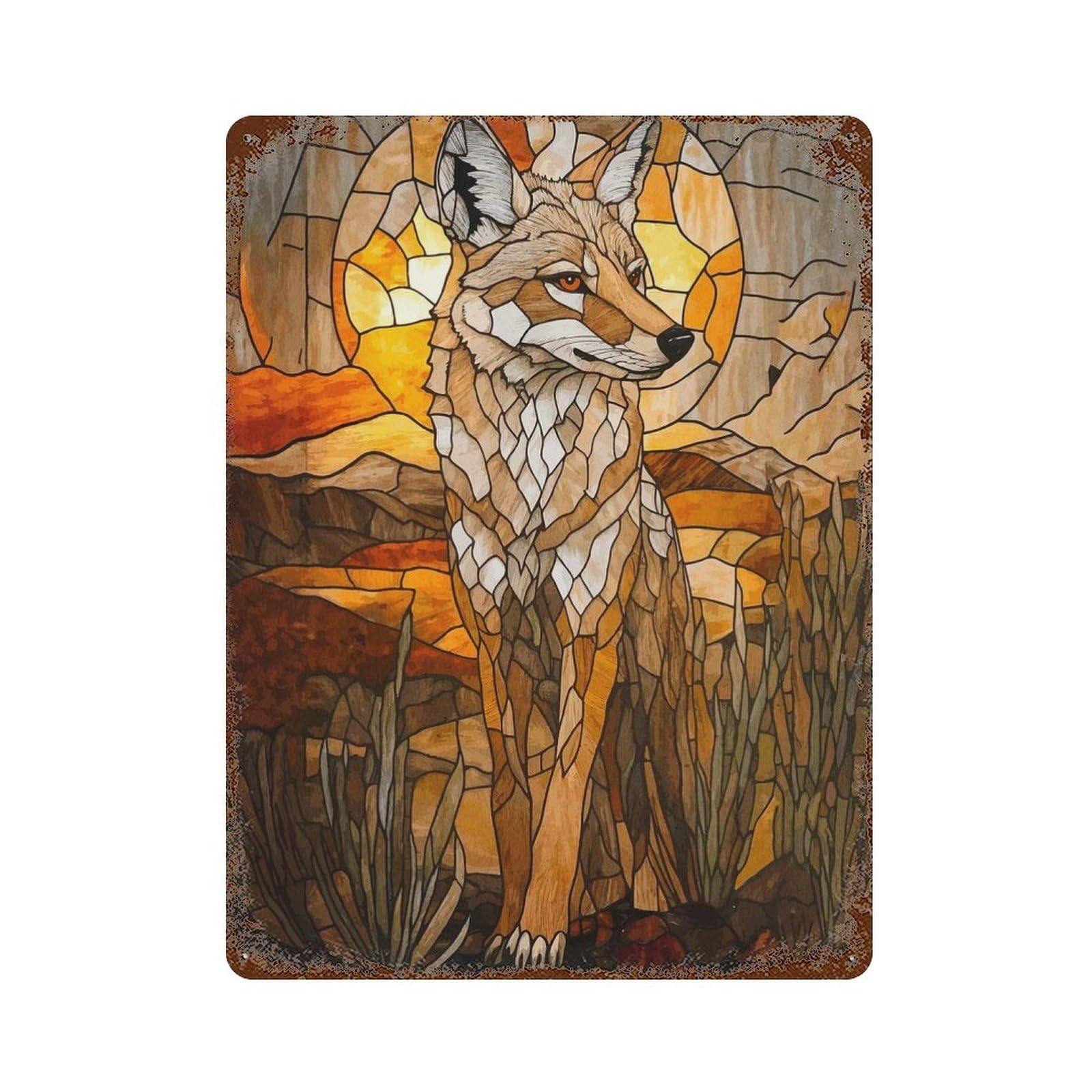 Weathered Tin Sign Stained Glass Coyote 15.7"x11.8", Rustic Home Decor for Basement, Hobby Room And Garage Decor