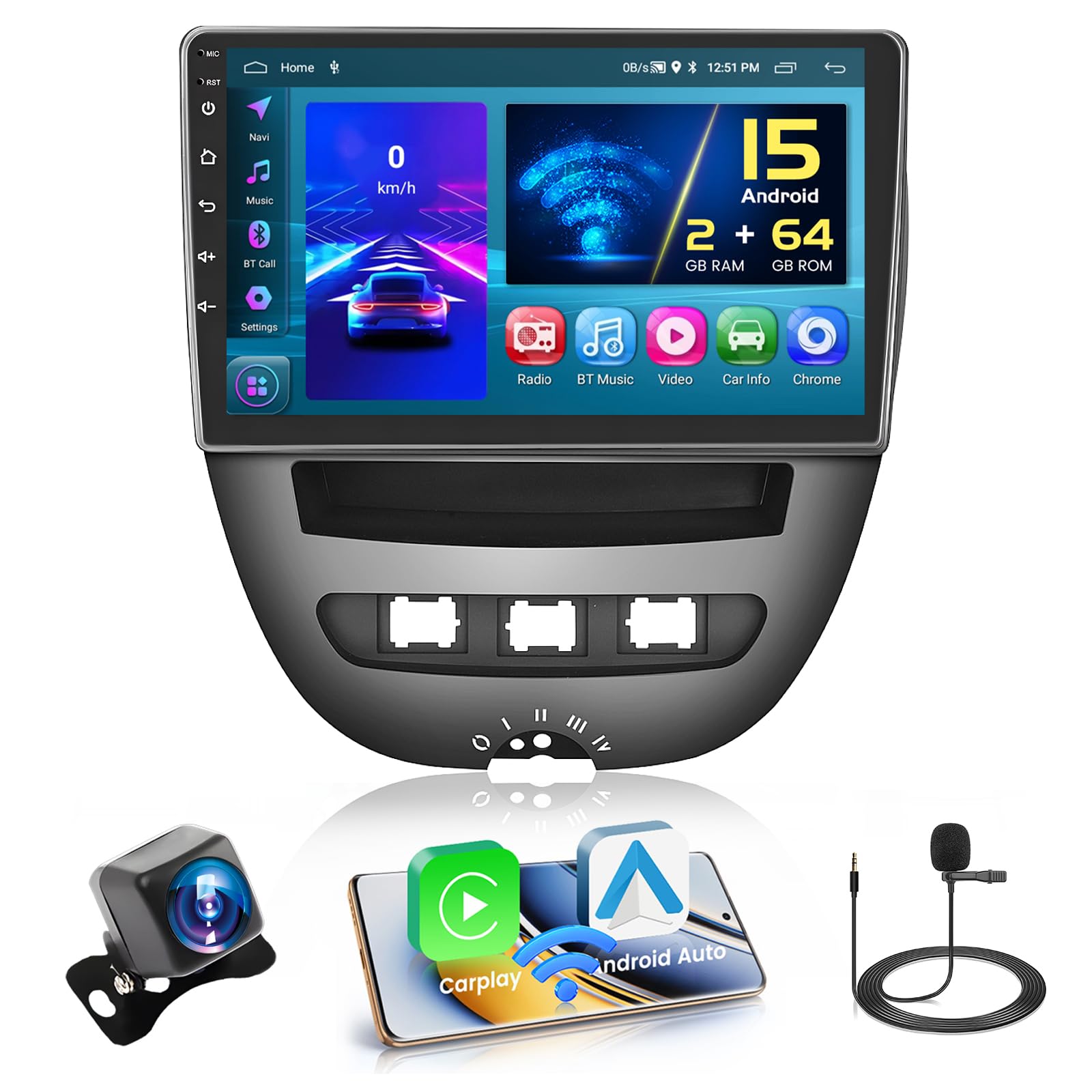 Hikity 2+64G Android 15 Autoradio Toyota Aygo/Peugeot 107 / Citroen C1 2005-2014 Radio Senza Fili Carplay Android Auto Bluetooth 10,1" Schermo Auto Radio con Telecamera GPS Navi WiFi FM RDS SWC MIC