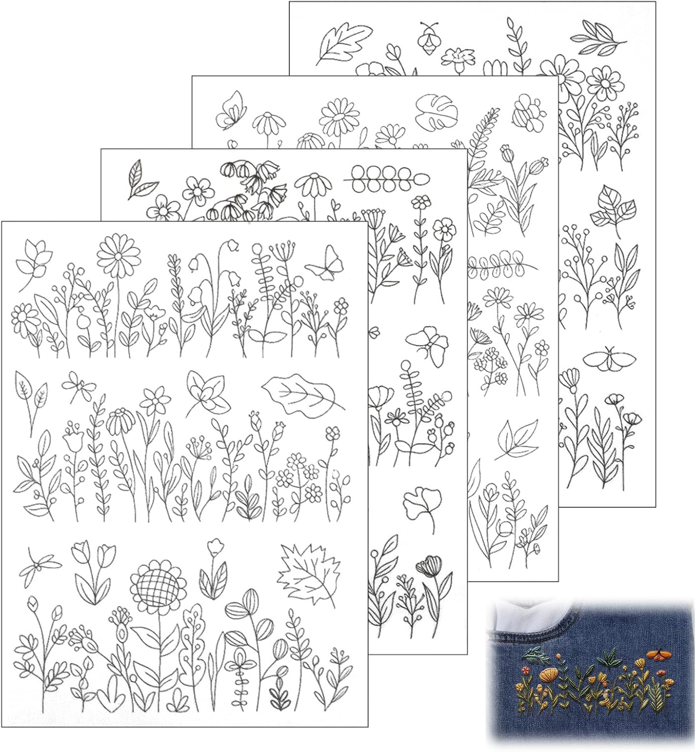 4 Sheets Water Soluble Embroidery Patterns, Stick and Stitch Embroidery Patterns Wash Away Transfer Embroiderys Pattern Stencils Dissolvable Embroider Paper with Wash Away, Flower Daisy Butterfly