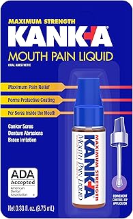 Kank-A Mouth Pain Liquid, Maximum Strength, 0.33 Fl Oz, Canker Sore Medicine, Includes Applicator, Forms Protective Coating for Mouth Sores, Maximum Pain Relief, 1 Pack