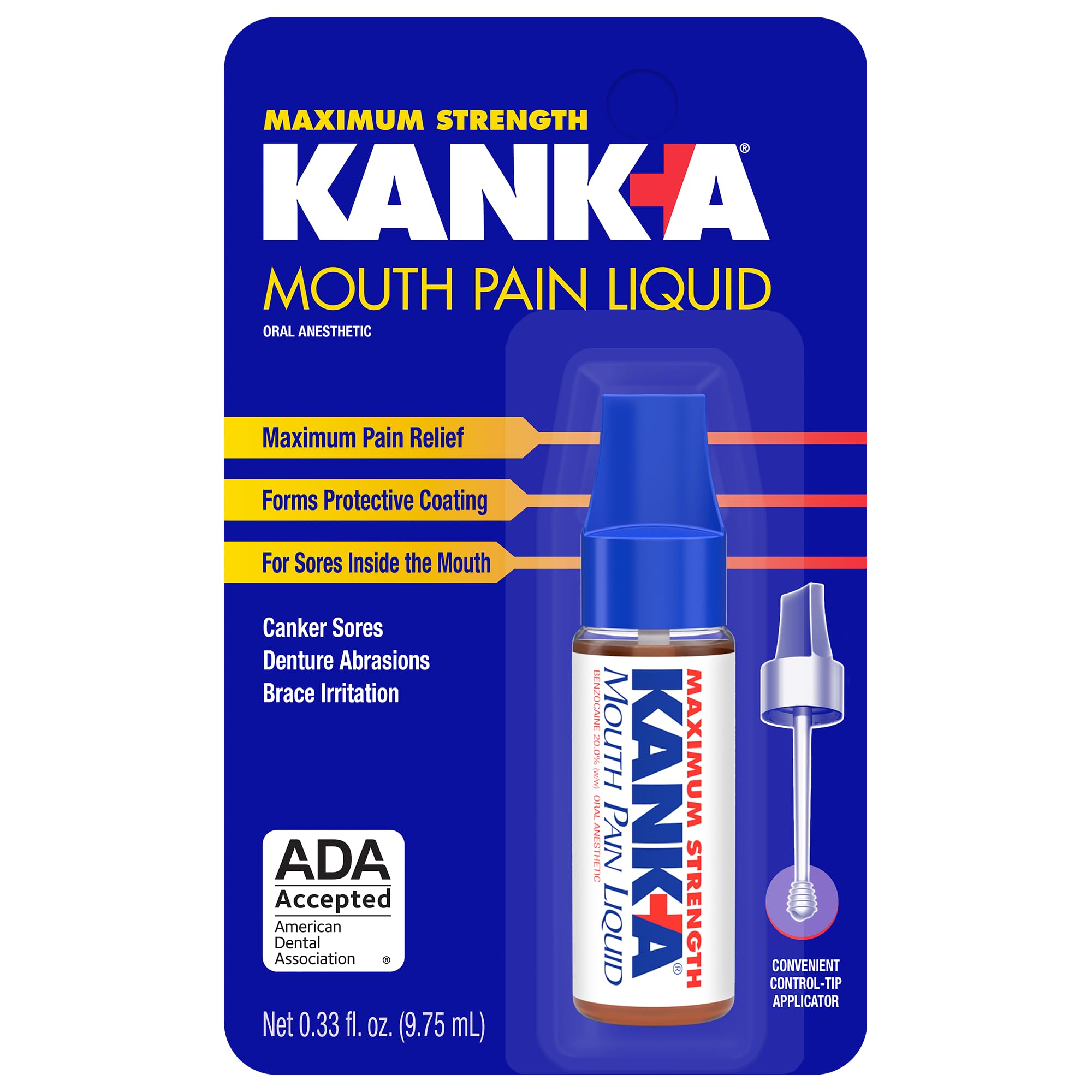 Kank-A Mouth Pain Liquid, Maximum Strength, 0.33 Fl Oz, Canker Sore Medicine, Includes Applicator, Forms Protective Coating for Mouth Sores, Maximum Pain Relief, 1 Pack