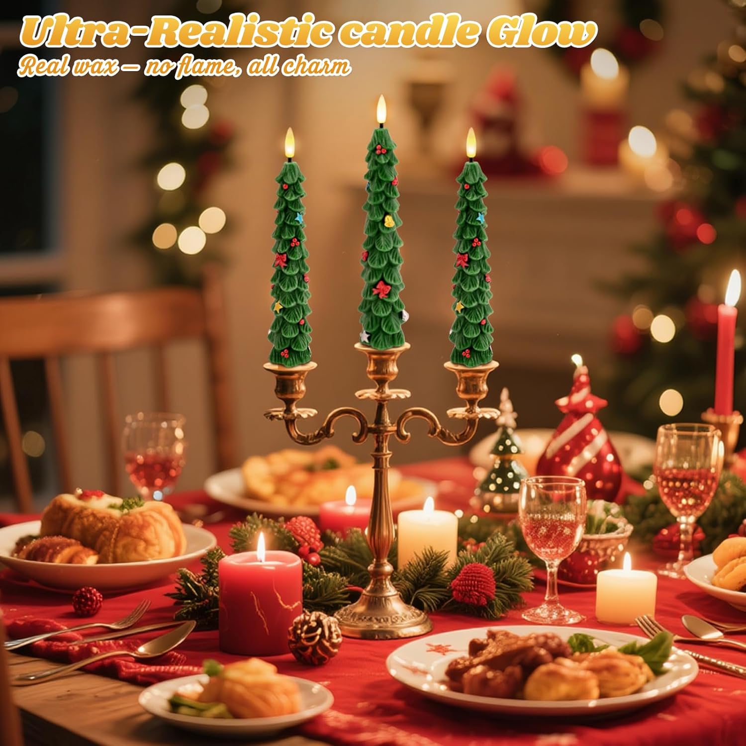 Christmas Tree Flameless Candles: 2Pcs LED Taper Christmas Candles Battery Operated - Green Flickering Taper Candlesticks Lights for Windowsills Fireplaces and Dining Tables (Green)