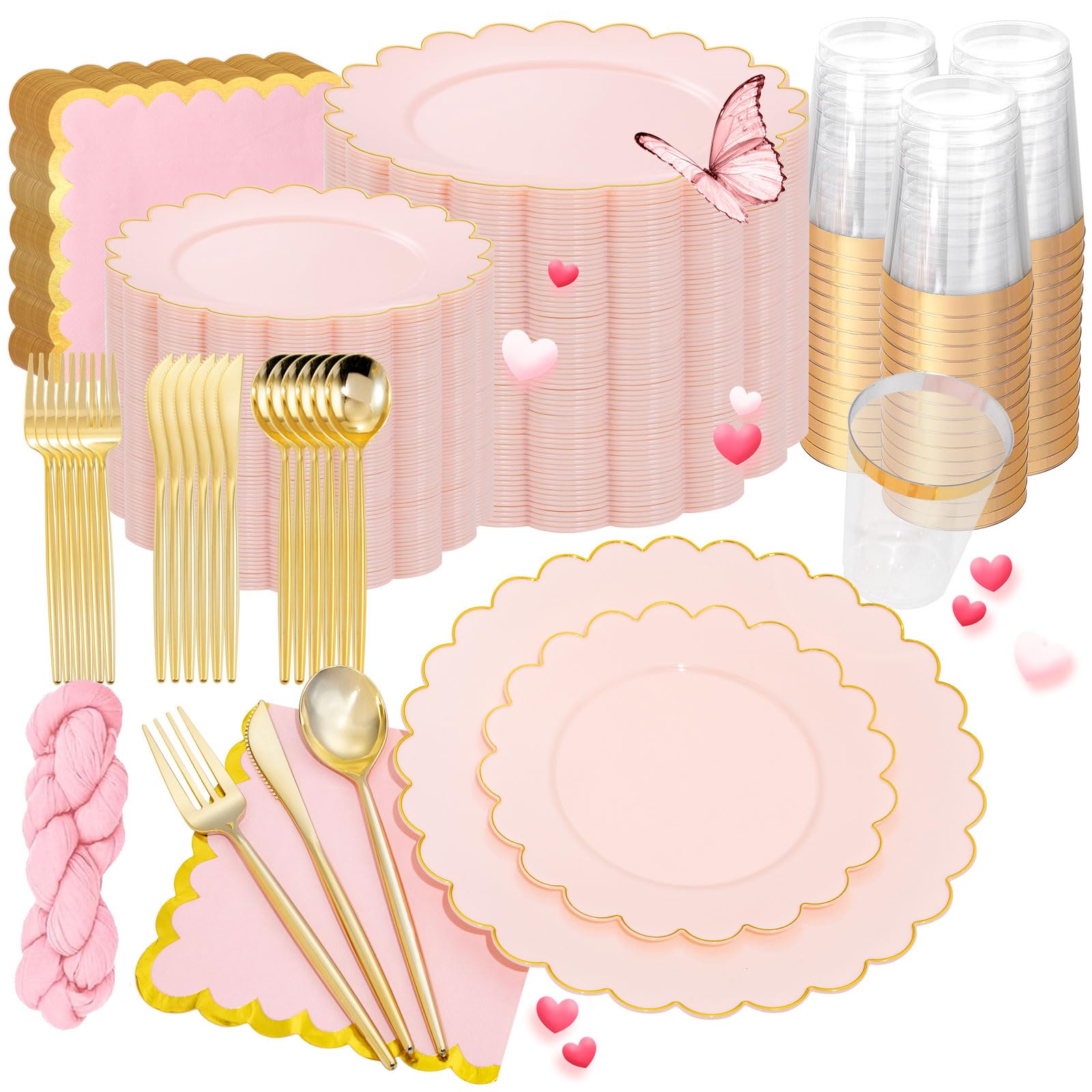 351 PcsPink Scalloped Plastic Plates Dinnerware Set for 50 Guests