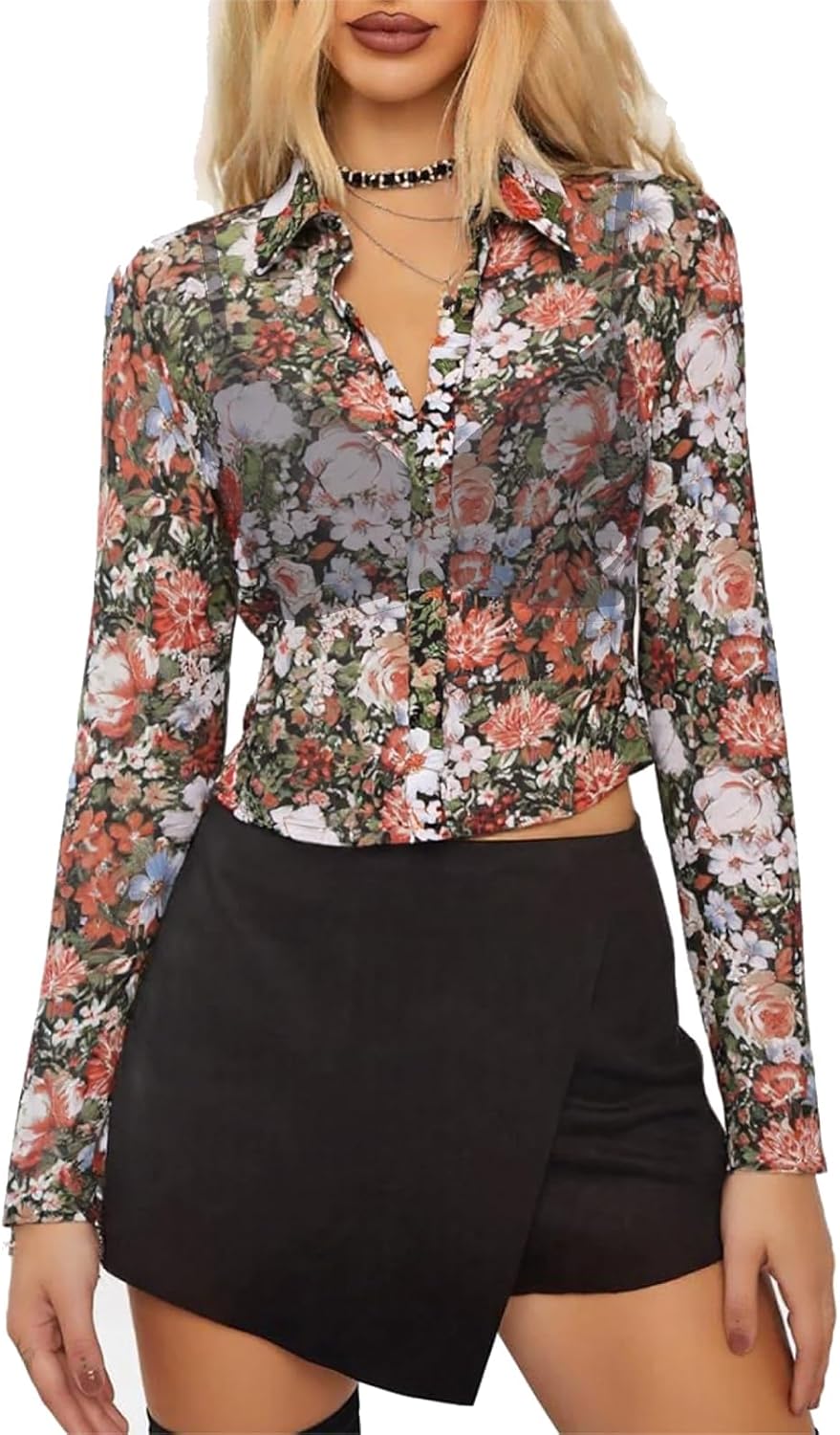 ZANZEA Women's Sexy Mesh Shirt Sheer Button Up Blouse See Through Long Sleeve Crop Top - Image 2