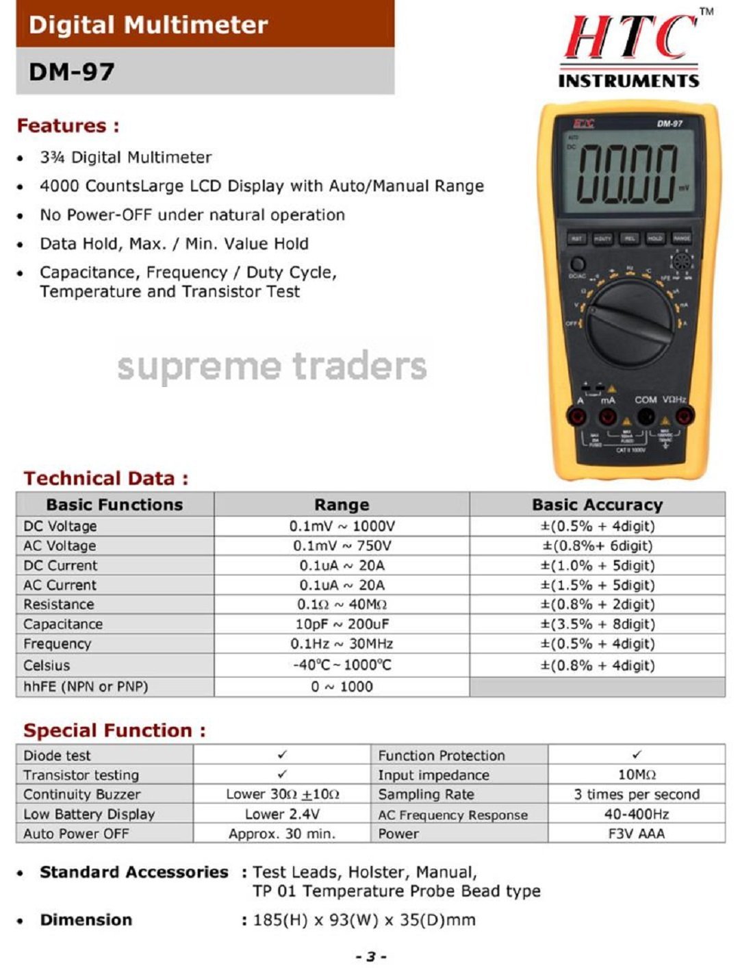 Htc Instrument Dm-97 3 3/4 Digital Multimeter 4000 Counts, Capacitance, Frequency, Temperature - Pack Of 1