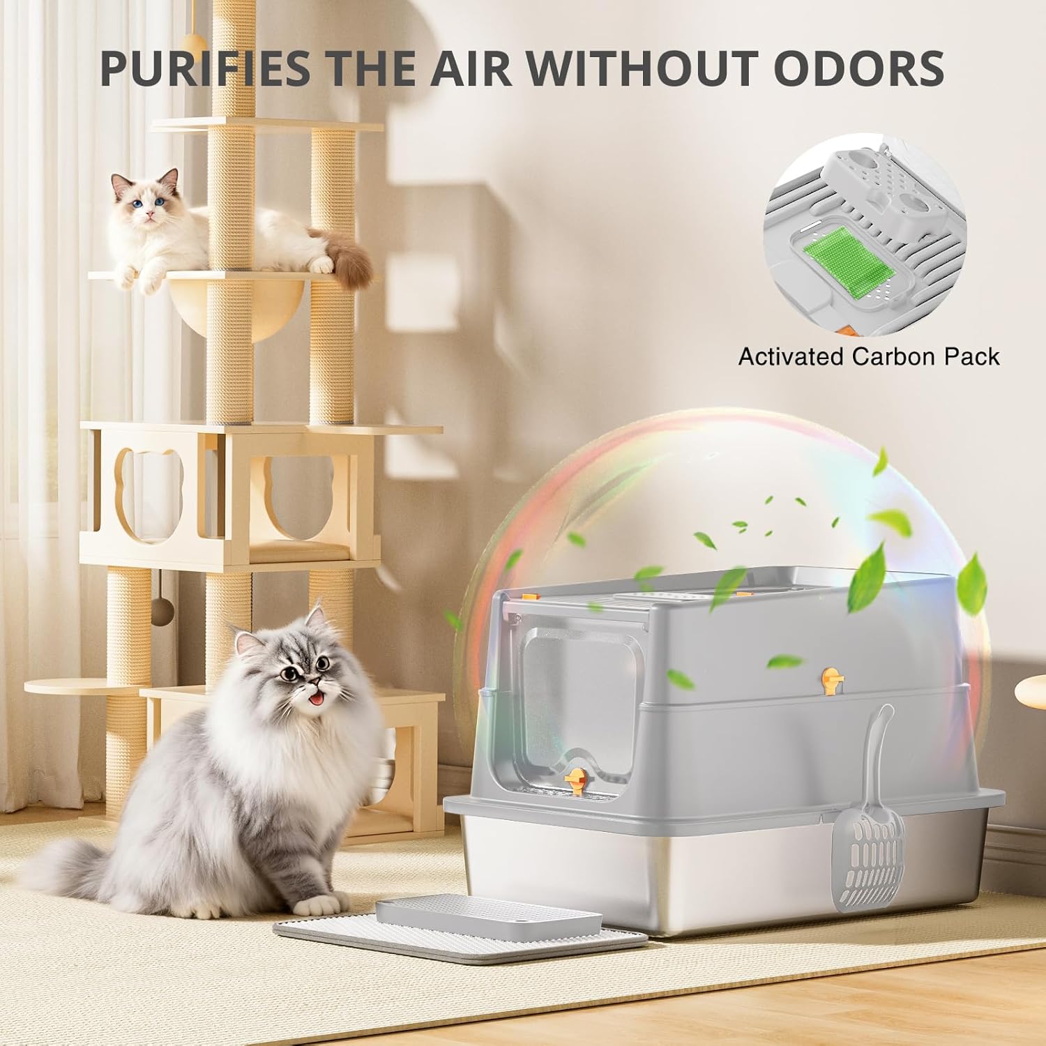 Stainless Steel Cat Litter Box, XL Enclosed Cat Litter Box with Lid, Easy to Clean High-Sided Metal Kitty with Top Entry, Scoop, Mat, Brush & Foot Pedal-Light Gray
