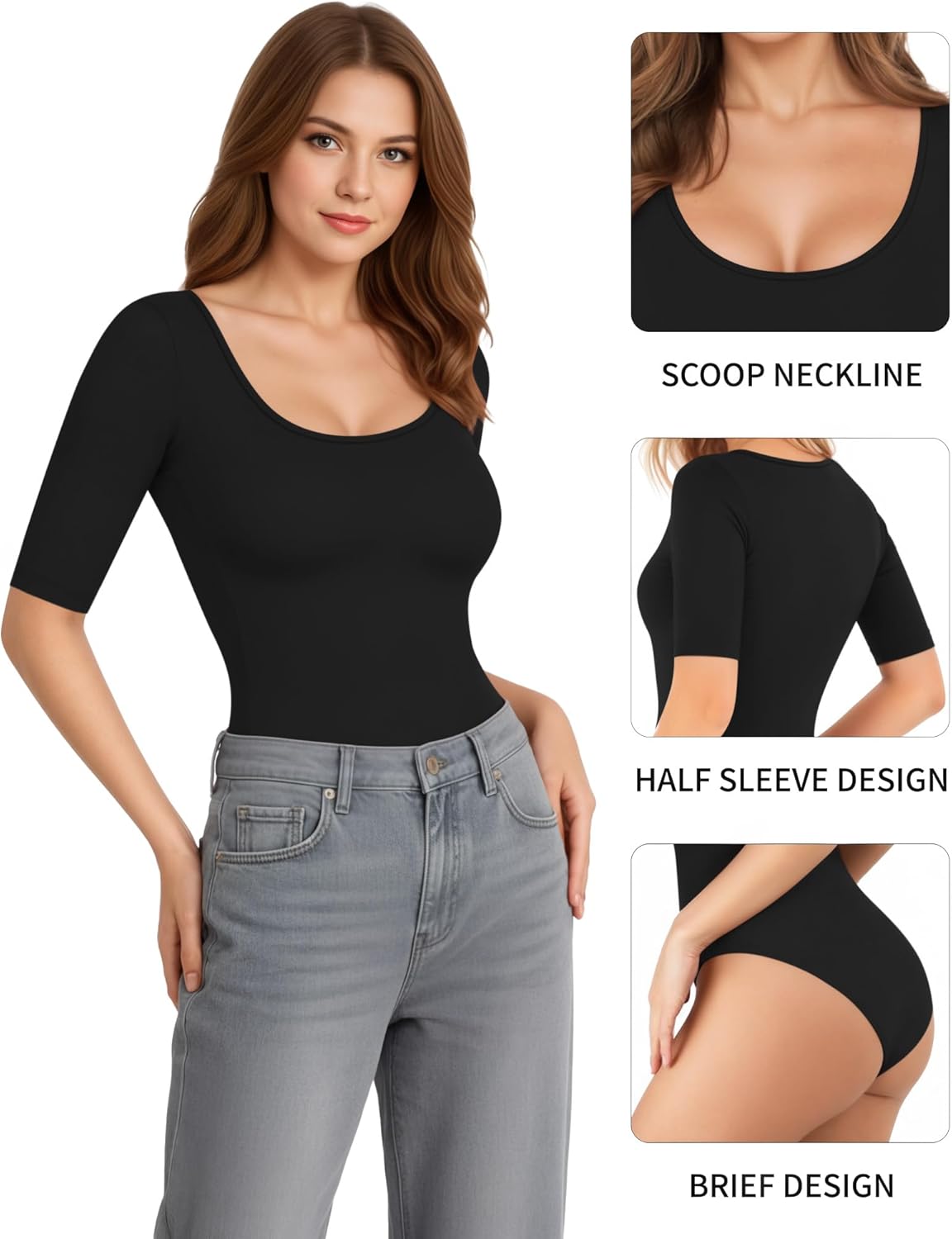 MANGOPOP Women's Scoop Neck Half Sleeve Bodysuit 3/4 Sleeve Sexy Body Suit Slim Fitted Going Out Shirts Tops - Image 4