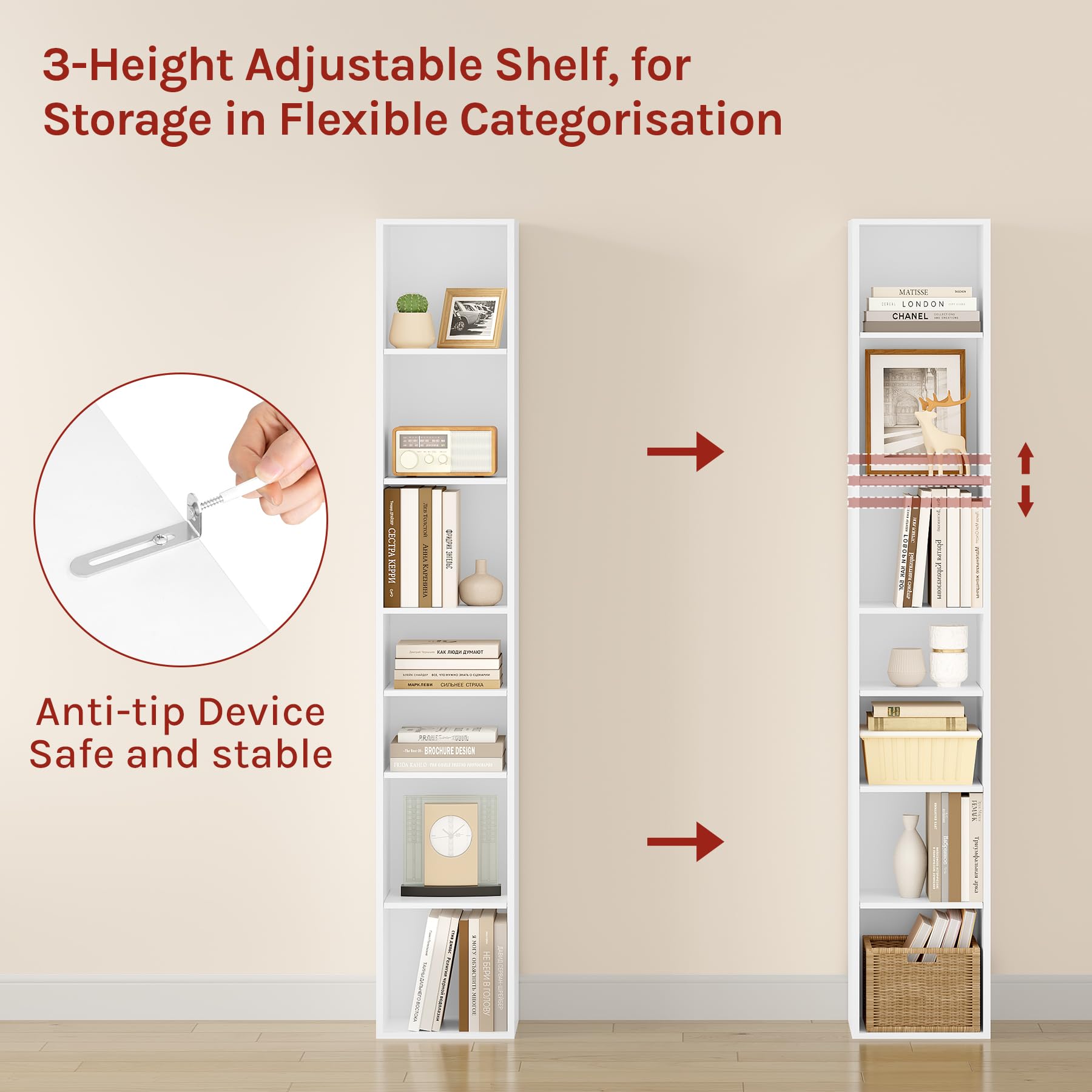 WOLTU Bibliothèque à Livres, Étagère de Rangement à 7 Niveaux, 30x26x178,5cm, Meuble Colonne avec Compartiments Ouverts, pour Bureau/Salon/Chambre, Blanche, SK066ws