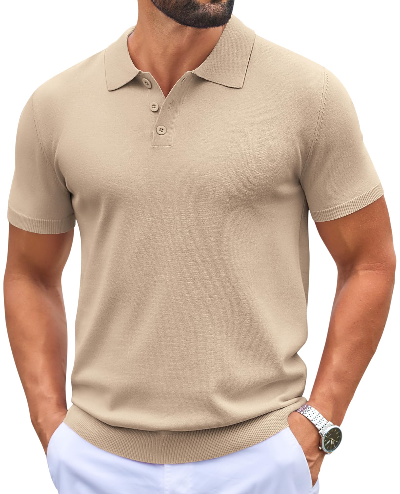 – Mens Knit Polo Shirts Casual Short Sleeve Button Polo Shirt Classic Golf Shirts