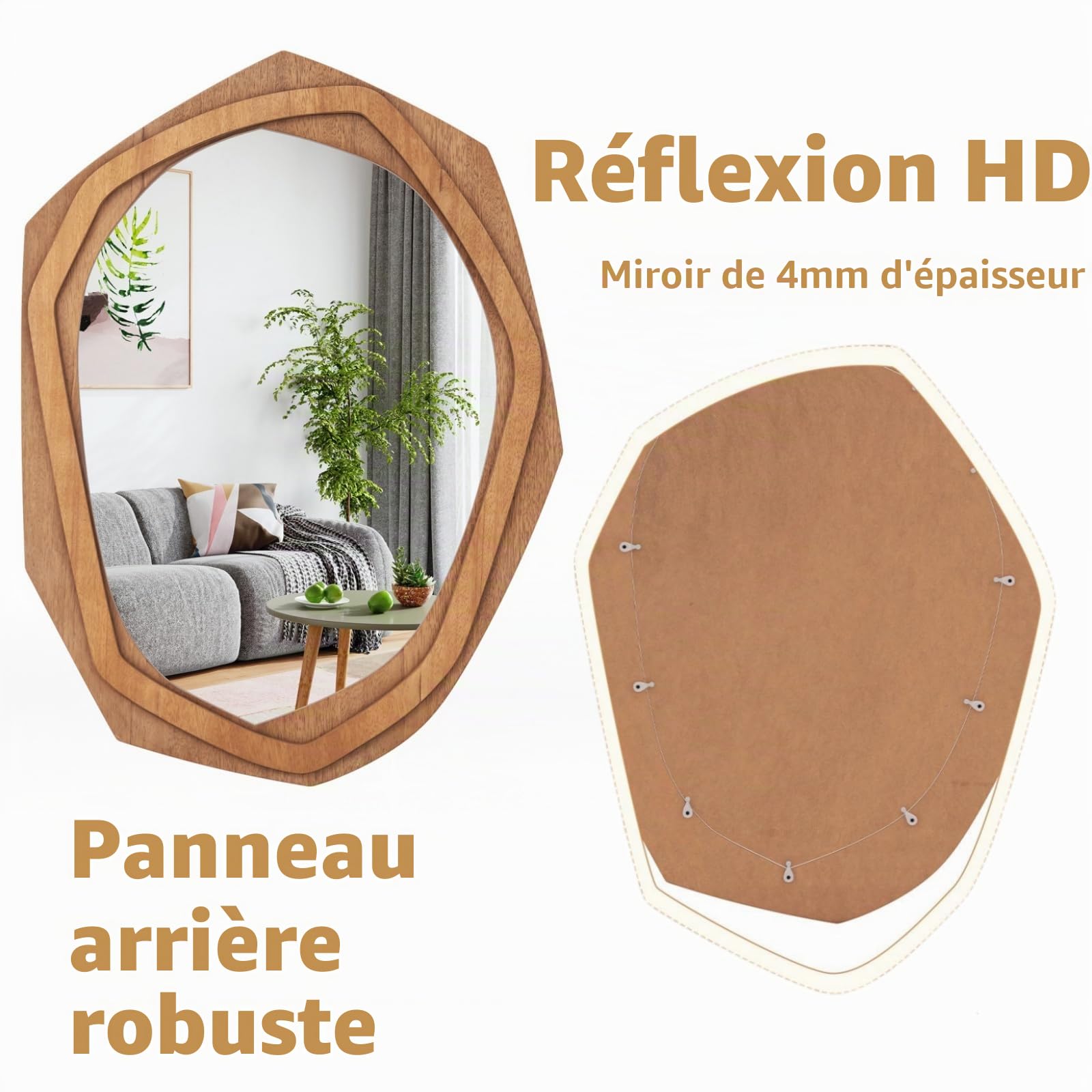 LIFEZEAL Miroir Mural Irrégulier, Miroir Décoratif HD avec Cadre en Bois, Design Abstrait et Rustique, Miroir Incassable pour Salon et Entrée (89,5 x 66 cm)