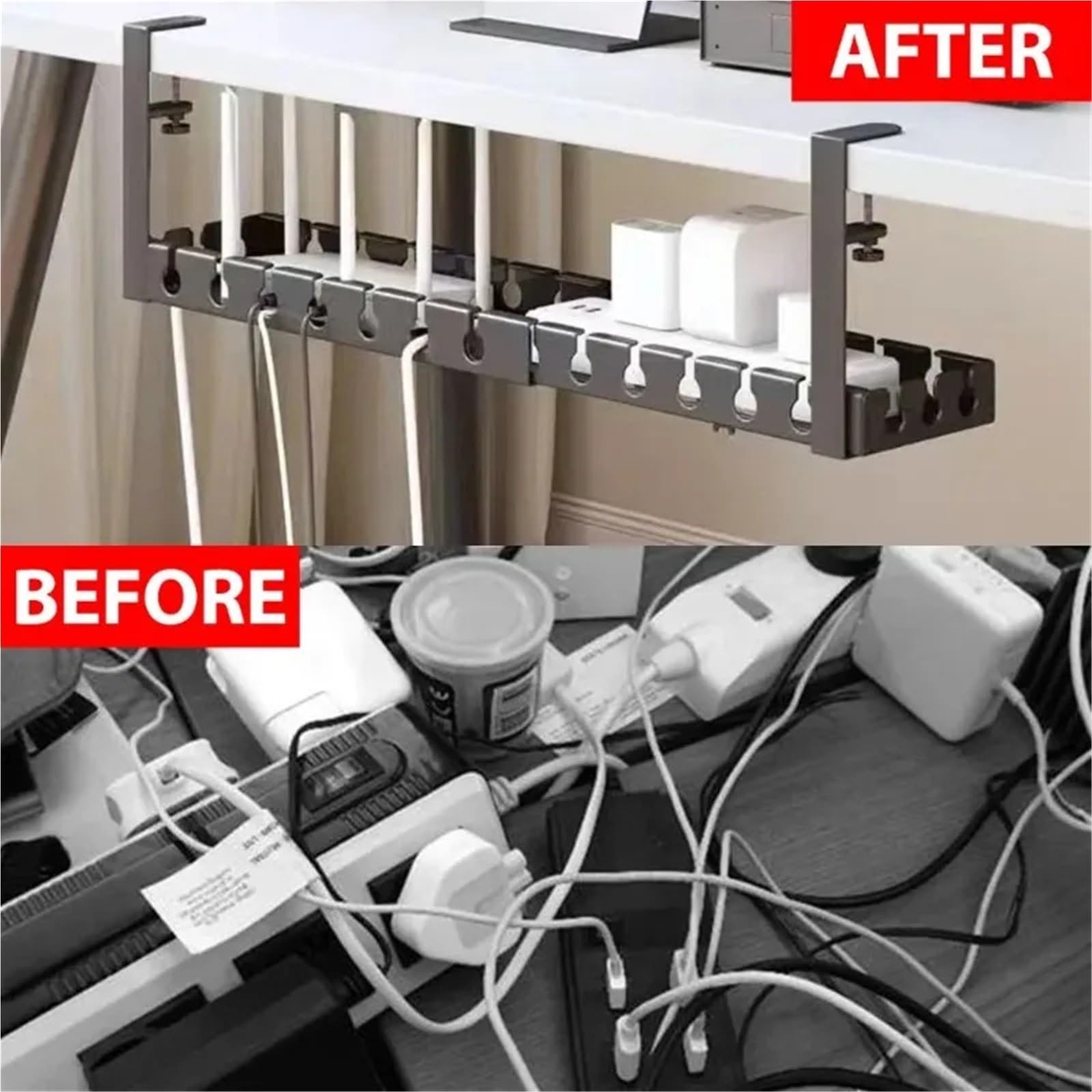 Portacavi in ​​ferro sotto la scrivania | Dimensioni multiple, senza trapano, portacavi sotto la scrivania: supporto for ciabatta e organizer for cavi(Retractable)