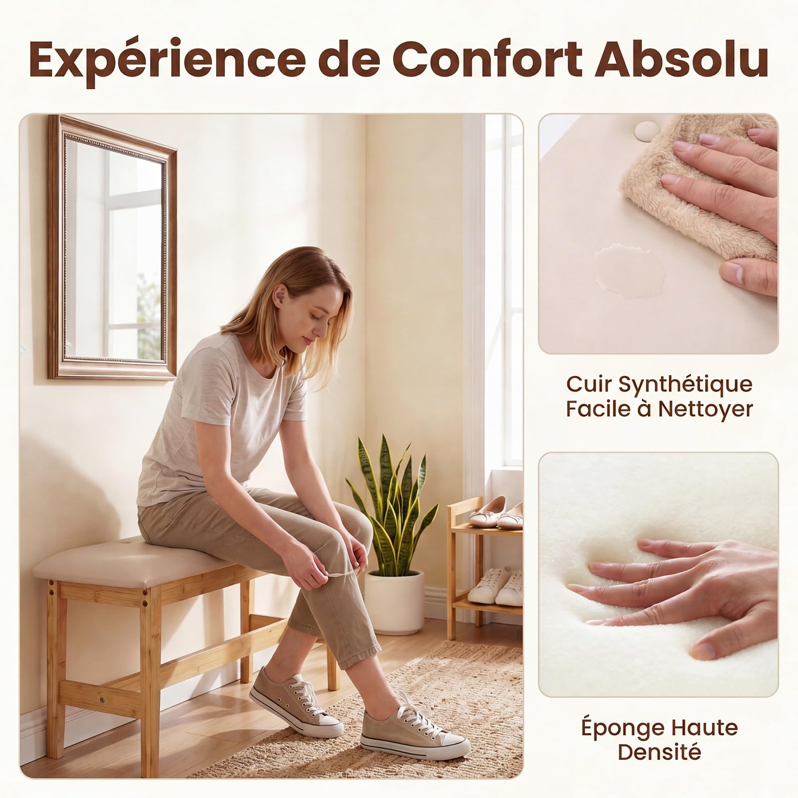SOARS Banc en Bambou Rembourré Mousse Élastique, Banc d’Entrée 100 X 30 CM
