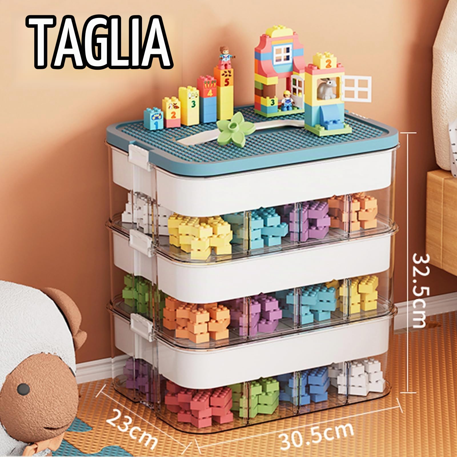 Scatole Plasticaa per Lego, 3 Strati Contenitore Portaoggetti per Giocattoli, Portaoggetti Impilabile in Plastica Trasparente con Scomparti, Per Riporre i Giocattoli Puzzle