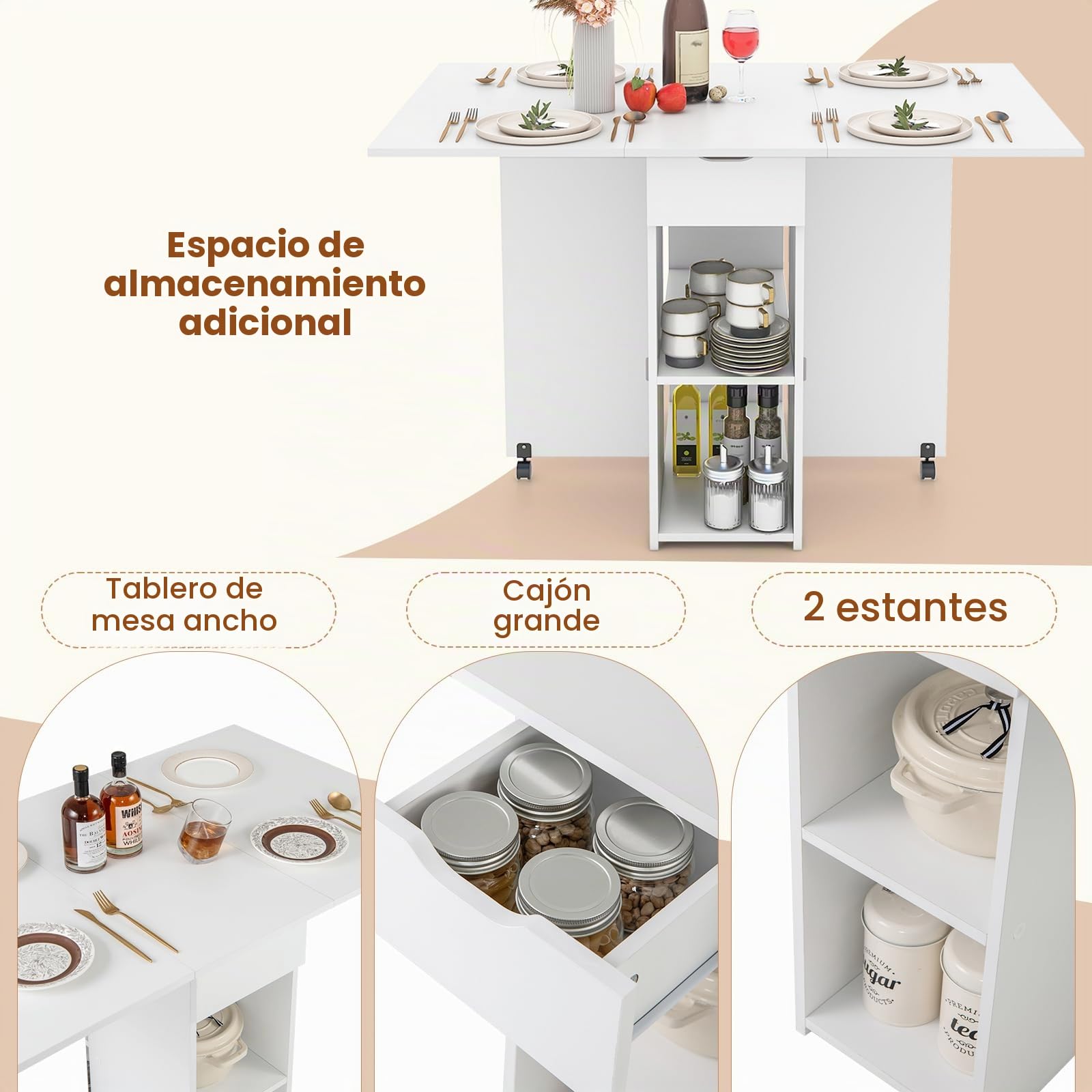 RELAX4LIFE 4 en 1 Mesa de Comedor Extensible con Puertas Abatibles y 2 Ruedas Universales para 4-6 Personas, Mesa Plegable de Cocina con 2 Estantes y 1 Cajón para Comedor/Salón, 72x120x75cm (Blanco)