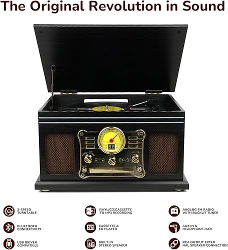 Miniatura 2 de FEKTIK - Tocadiscos Bluetooth 10 en 1, tocadiscos de 3 velocidades para vinilo con altavoces, convertidor LP a MP3, CD, reproductor de cassette,