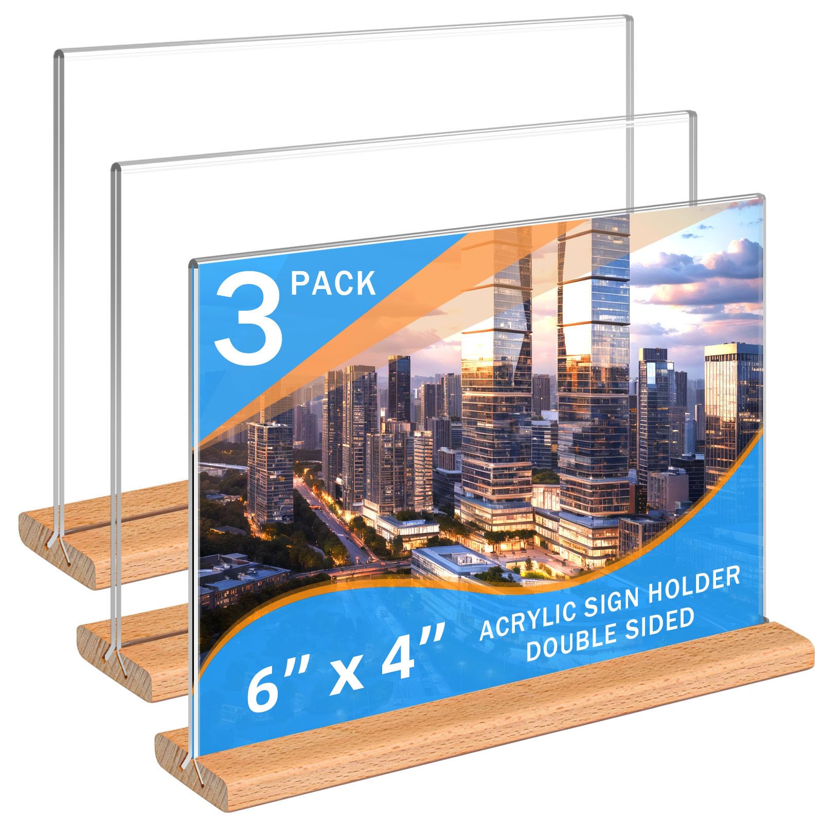 Kersally Acrylic Sign Holder 6 x 4, 3 Pack Double-Sided Clear Table Display Stands with Wood Base,Horizontal Acrylic Frame Menu Flyer Paper Holder for