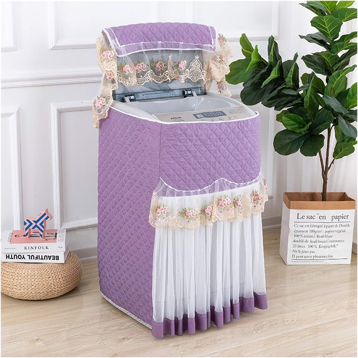 Appliance Dust Cover Lace Fabric Washing Machine Cover，Washing Machine Cover Top Load Waterproof Washing Machine Dustproof Cover for Easy Use Dust Cover for Home Appliances(B)