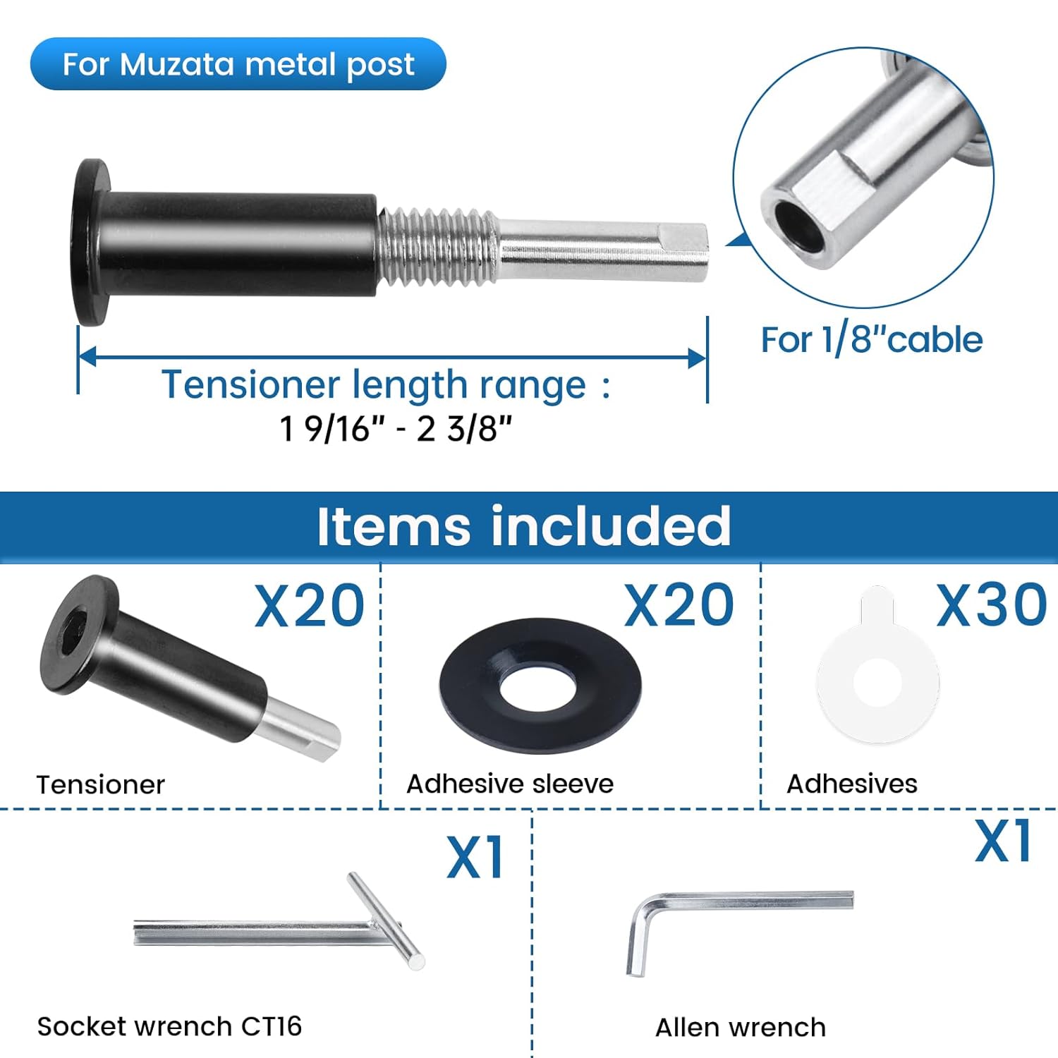 [Patent] Muzata 20 Pack 1/8" Black Invisible Cable Railing Kit Hardware Upgraded Hand Swage Tensioner Hidden for 2"x2" Metal Post T316 Stainless Steel Deck Cable Railing System CB40