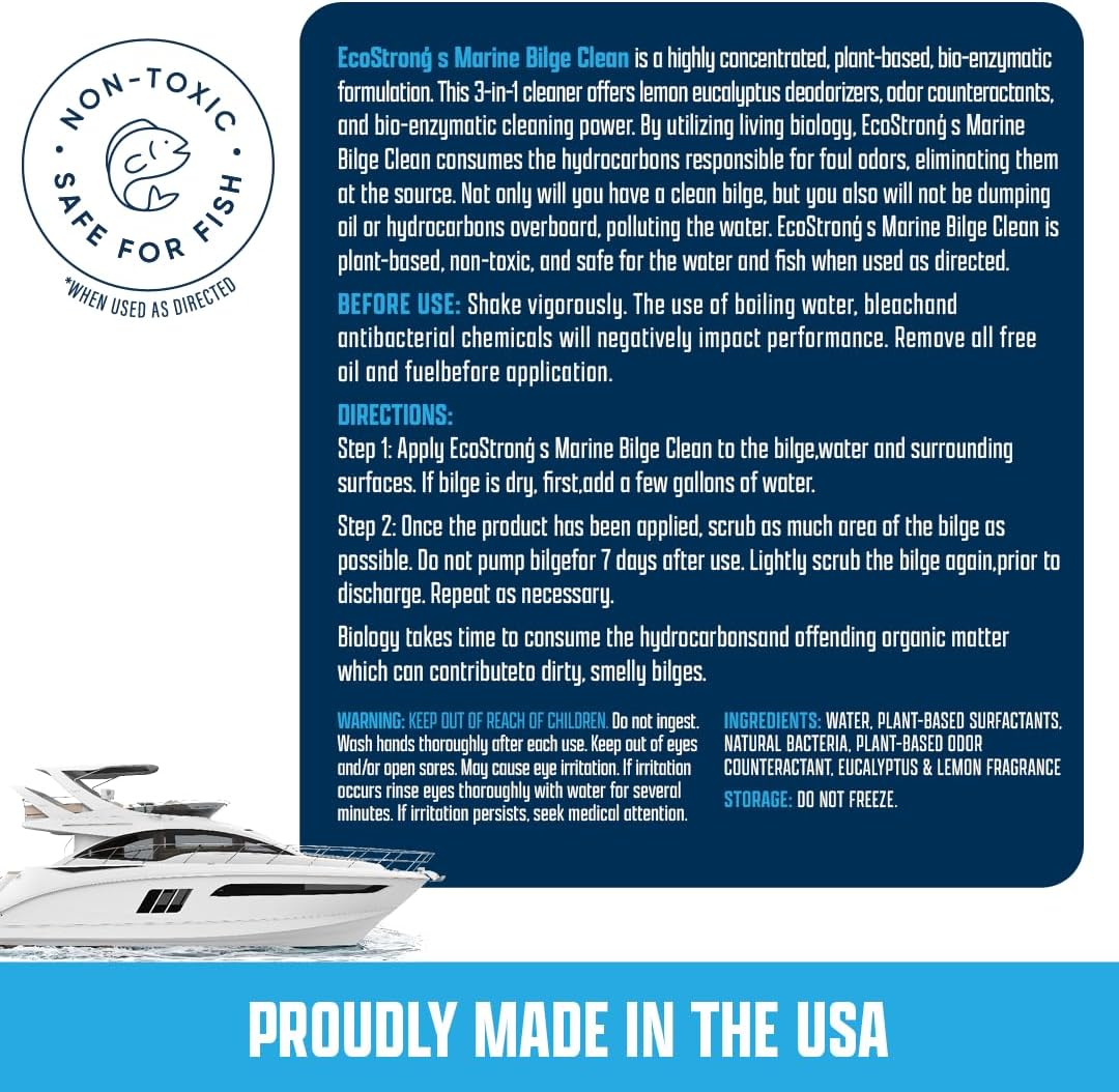 Eco Strong Bilge Cleaner & Deodorizer | Heavy Duty Formula Digests Odor Causing Sludge, Grease, Oil, Sheen, Gasoline | Biodegradable, Fish Safe, Chemical-Free (128 oz)
