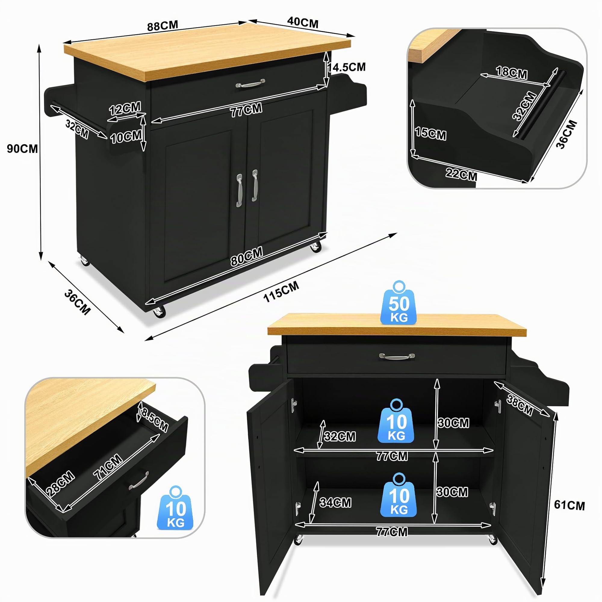 LZQ Chariot de cuisine avec plan de travail Mobilier de cuisine mobile Îlot de cuisine Roulable, chariot de cuisine, chariot de service 115x36x90cm Noir