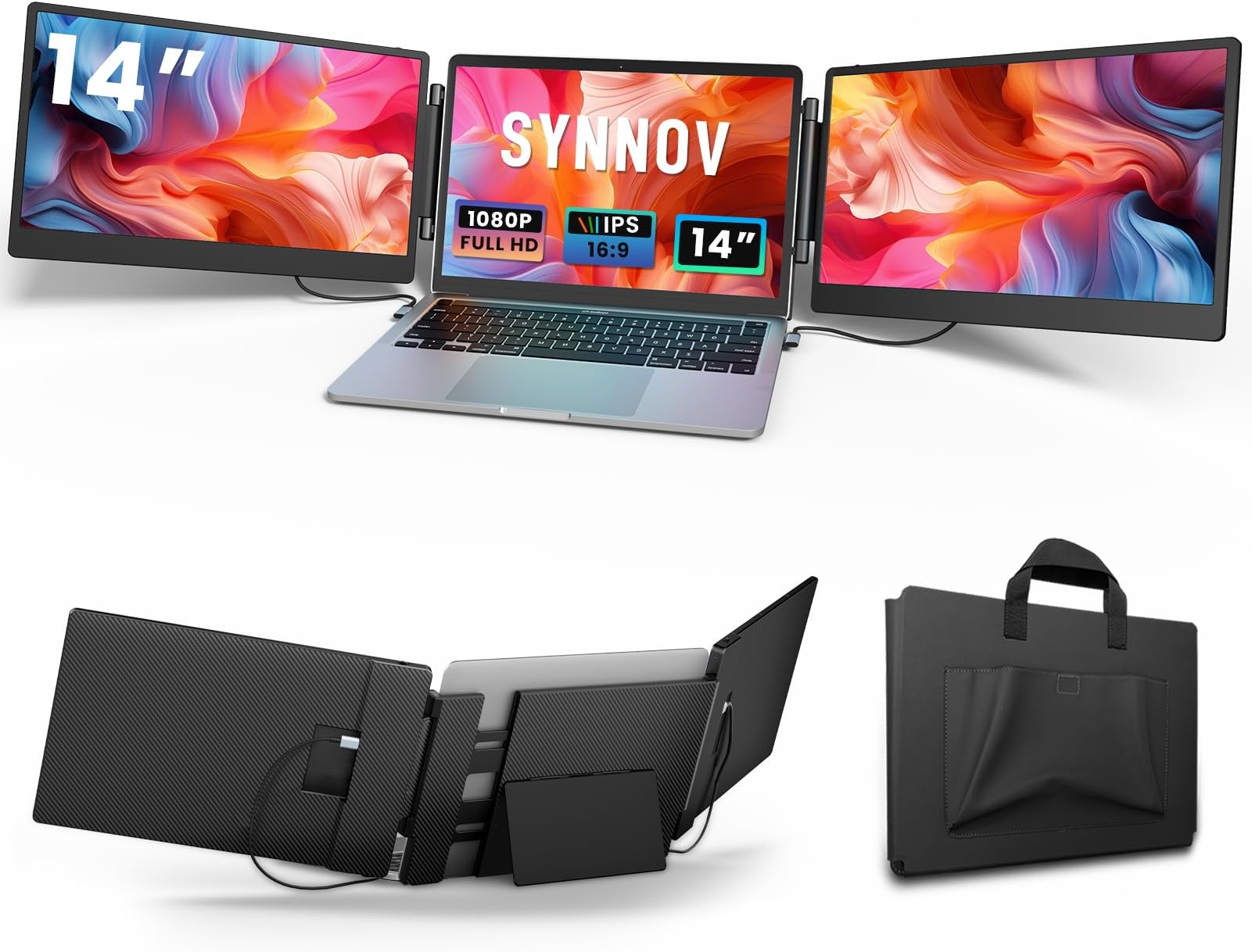 Synnov Laptop Screen Extender, 14" FHD 1080P Triple Portable Monitor for 13"-16.5" Laptop with Stand, Dual Monitors Built-in Speakers, Plug & Play, Monitor Extender for MacOS/Wins/Chrome/Dex