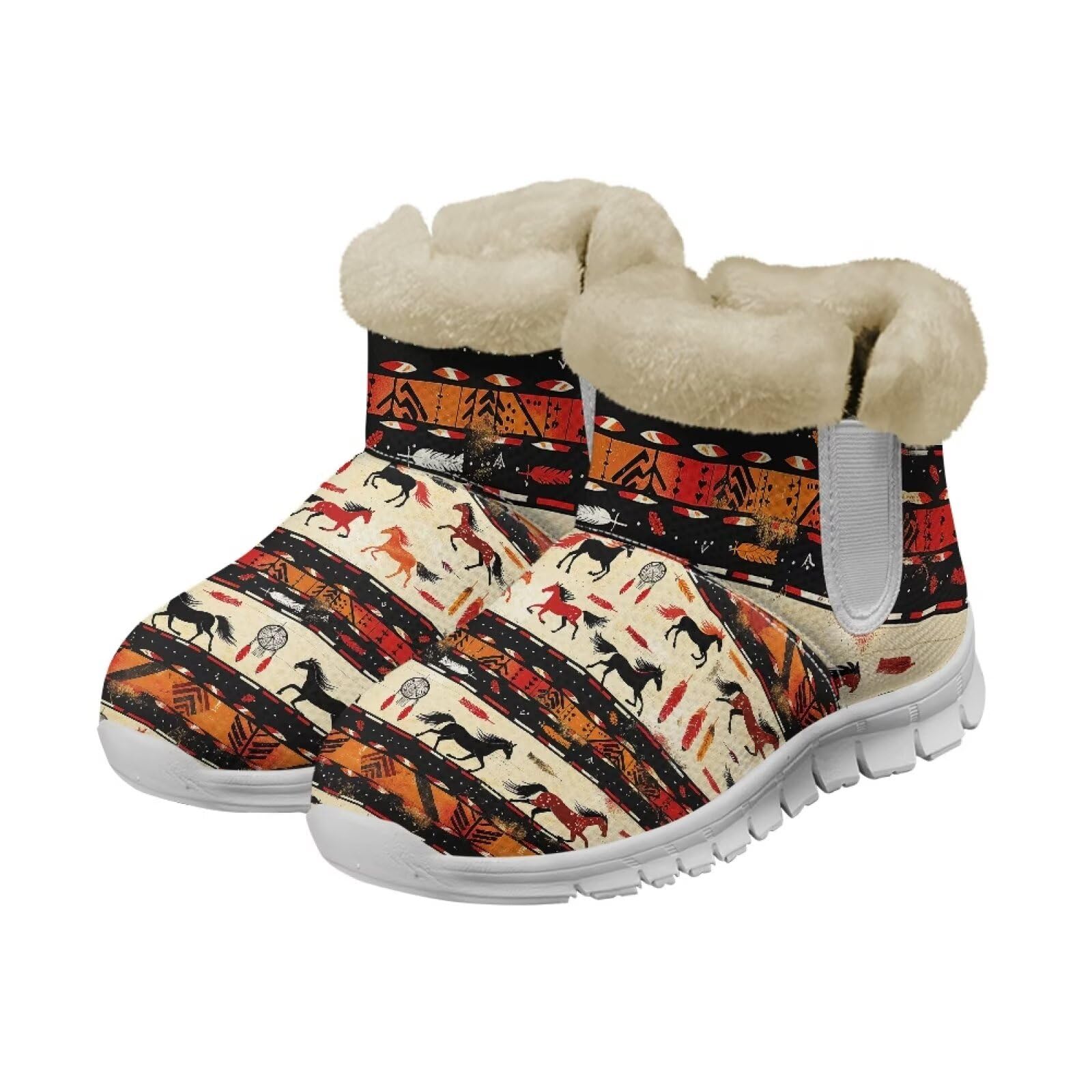 Howilath Southwestern Aztec Horses Snow Shoes for Women Wide Ankle Booties Shoes Warm Outdoor Winter Shoes with Anti-Skid Sole