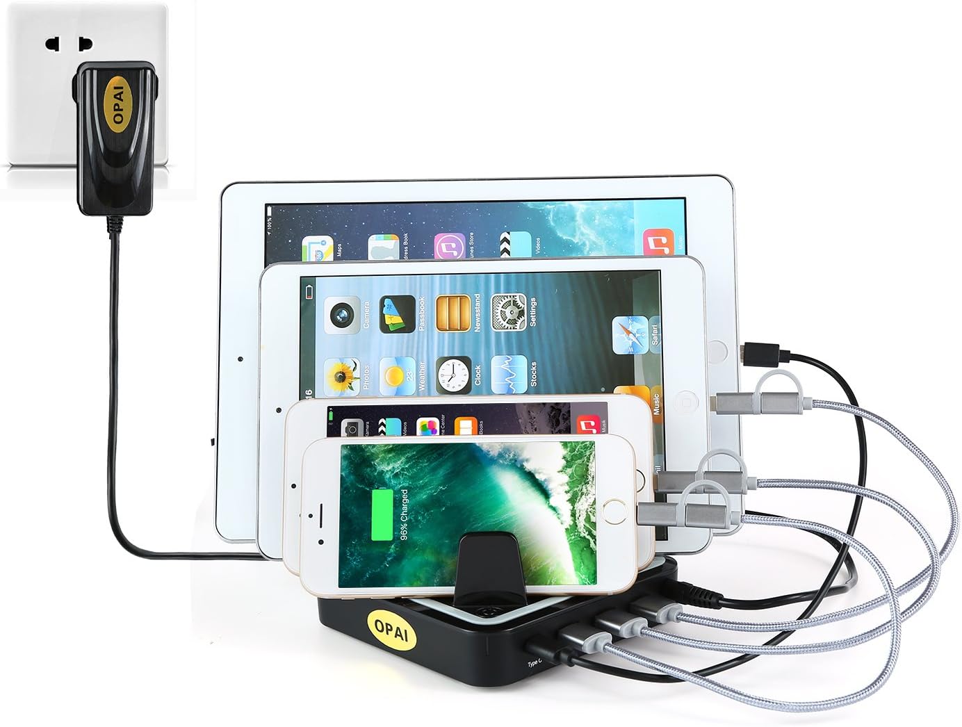 Type-C Charging Station - OPAI 4 Ports Docking Station Organizer for iPhone, iPad, Samsung, Tablets, Smartphone, Android and USB Charged Devices Including 3 Packs Charging Cables (Black)