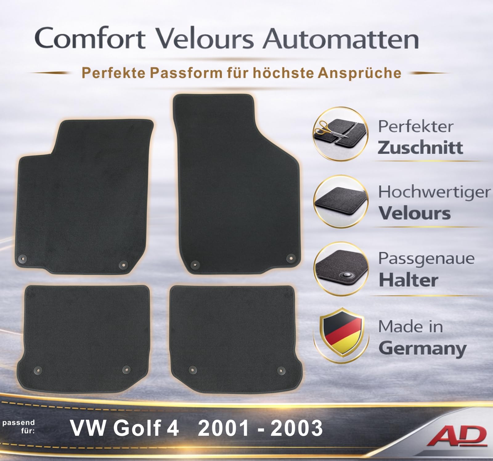 AD Tuning Velours Fußmatten für VW Golf 4 (06/2001-05/2003) | 4-teilig, 100 % passgenau, Schwarz, für runde Druckknopf – Befestigung