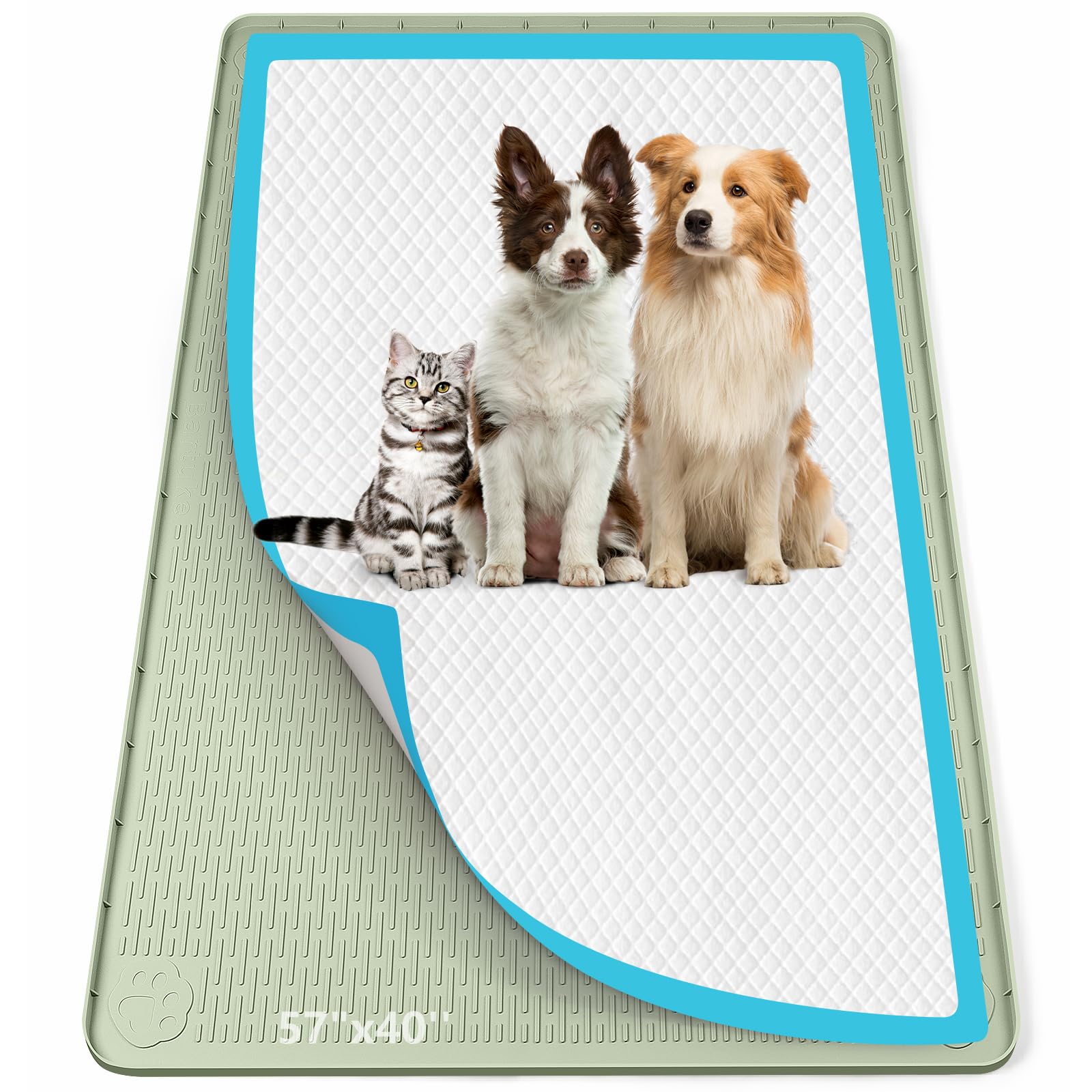 Bartuke Pee Pad Holder for Dogs, 57" x 40" Silicone Pee Tray Mat Leak-Proof, High Edge, No Spill Pet Pad Holder for Puppy, Cat, Rabbit, Training Pads for Floor Protection, No Pee Pads (Green)