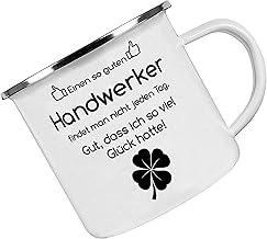 Enamel Mug "Ein so guten Handwerker fndet man nicht jeden Tag - gut das ich so viel Glück hat" - Coffee Cup with Motif, Camping Cup, Printed Enamel Mug with Desired Text