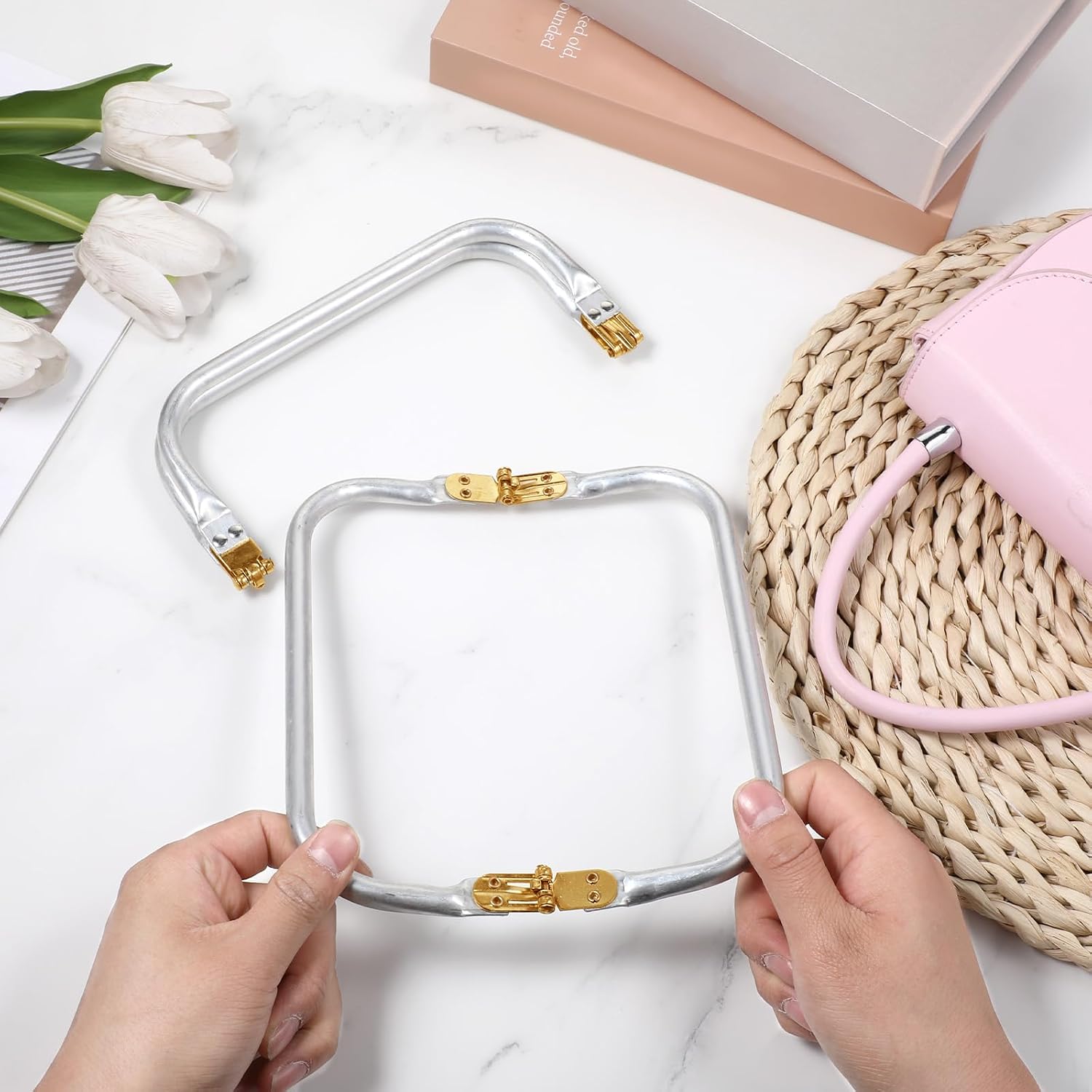 2Pcs 8" Purse Frame Rectangle Lock Frame Kiss Lock Metal U-Shaped Bag Handle Purse Hardware Inner Kiss Clasp for DIY Handle Bag Making Supplies Sewing Clutch Crafts