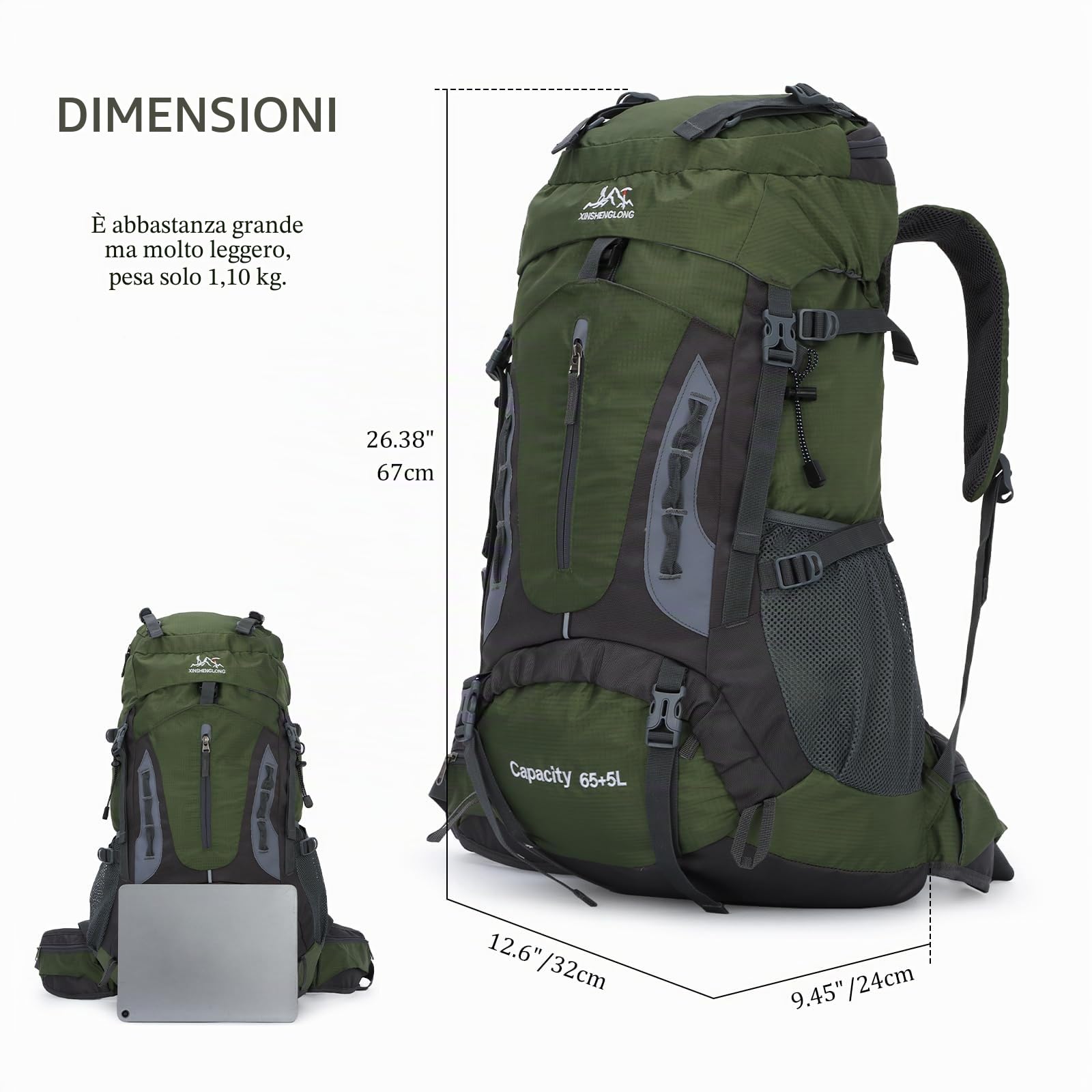 Zaino da trekking impermeabile da 70 litri con copertura antipioggia, grande zaino da viaggio per campeggio, camminata, arrampicata